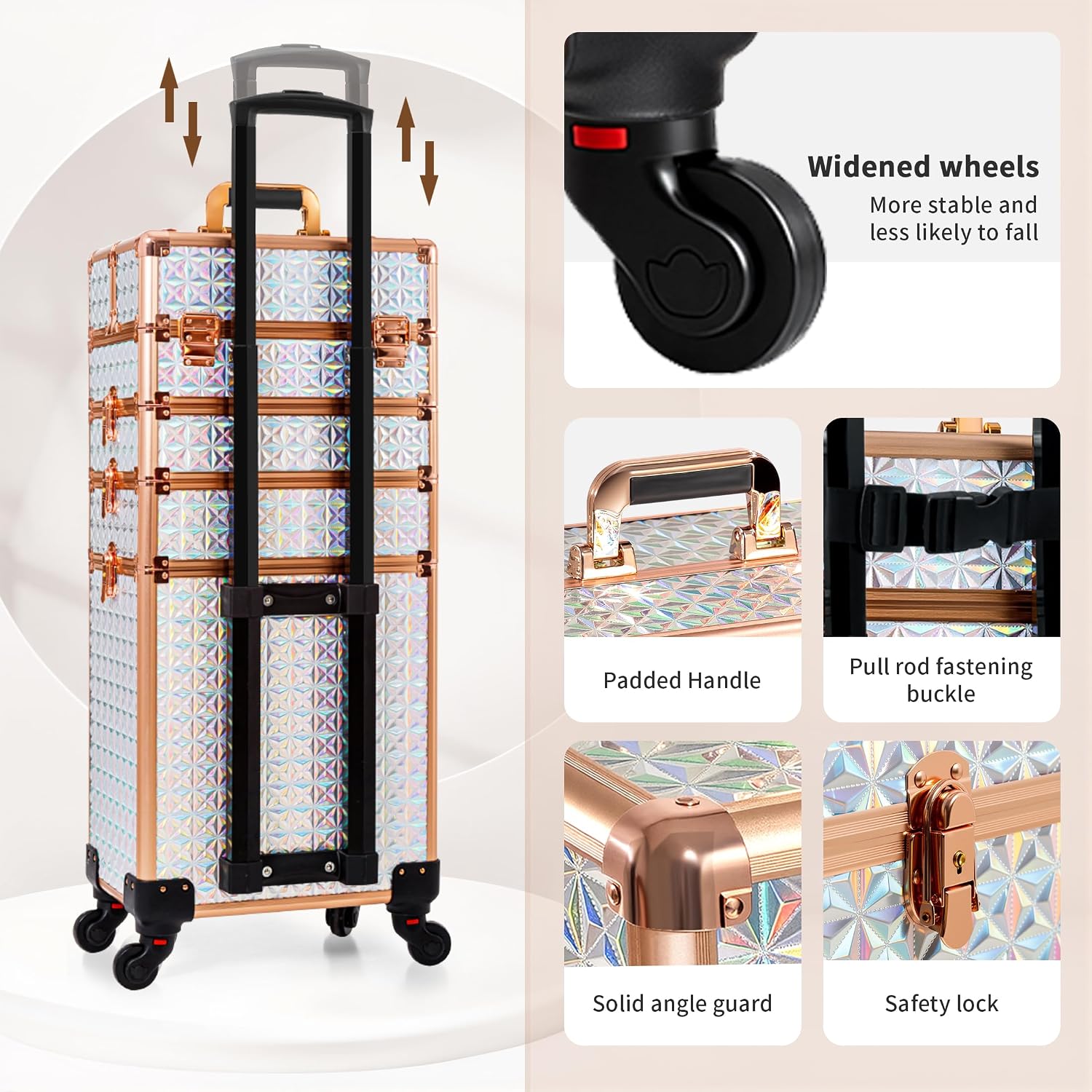 AROUS 5 in 1 Rolling Makeup Train Case with Lid Cosmetology Case on Wheels | Large Cosmetic Trolley Organizer with Keys Salon Barber Case Traveling Cart Trunk for Artist Hairstylists Nail Tech.White