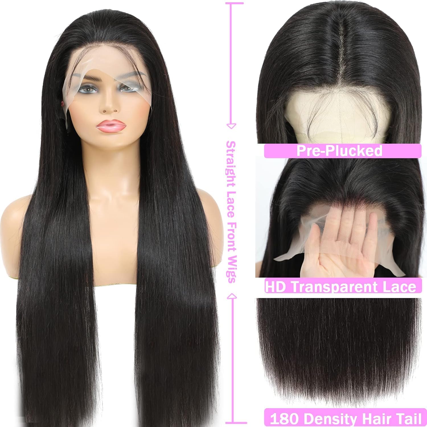 TTSMINS 13x6 Lace Front Wigs Human Hair 180 Density 32 Inch Straight Wig | HD Transparent Lace.Pre-plucked Hairline.Middle or Side Parts with An Adjustable Cap.For Daily Wear.Work and Special Events