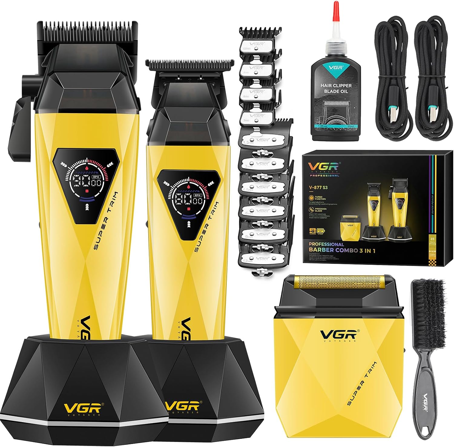 VGR 877S3 3-in-1 Barber Kit with Clipper Trimmer Foil Shaver. Gold | 9000/8000 RPM. 150/180/90min Runtime. DLC/Ceramic Blades. Titanium Foils. Charging Base. LED Display. All-in-One Grooming Set
