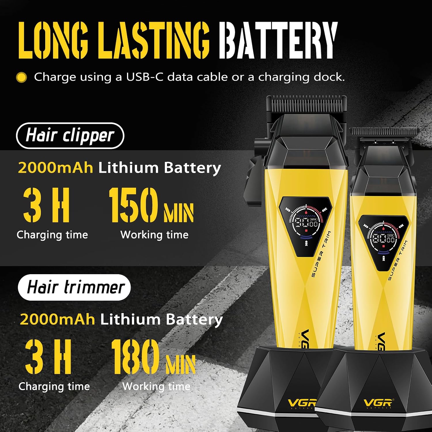 VGR 877S3 3-in-1 Barber Kit with Clipper Trimmer Foil Shaver. Gold | 9000/8000 RPM. 150/180/90min Runtime. DLC/Ceramic Blades. Titanium Foils. Charging Base. LED Display. All-in-One Grooming Set