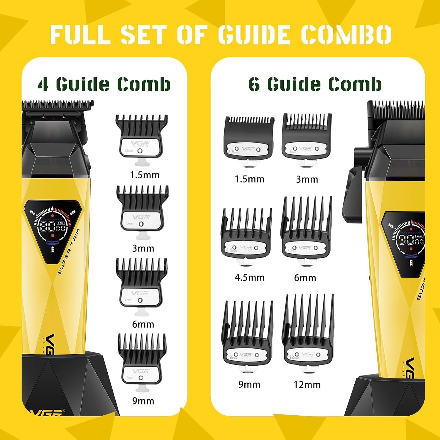 VGR 877S3 3-in-1 Barber Kit with Clipper Trimmer Foil Shaver. Gold | 9000/8000 RPM. 150/180/90min Runtime. DLC/Ceramic Blades. Titanium Foils. Charging Base. LED Display. All-in-One Grooming Set
