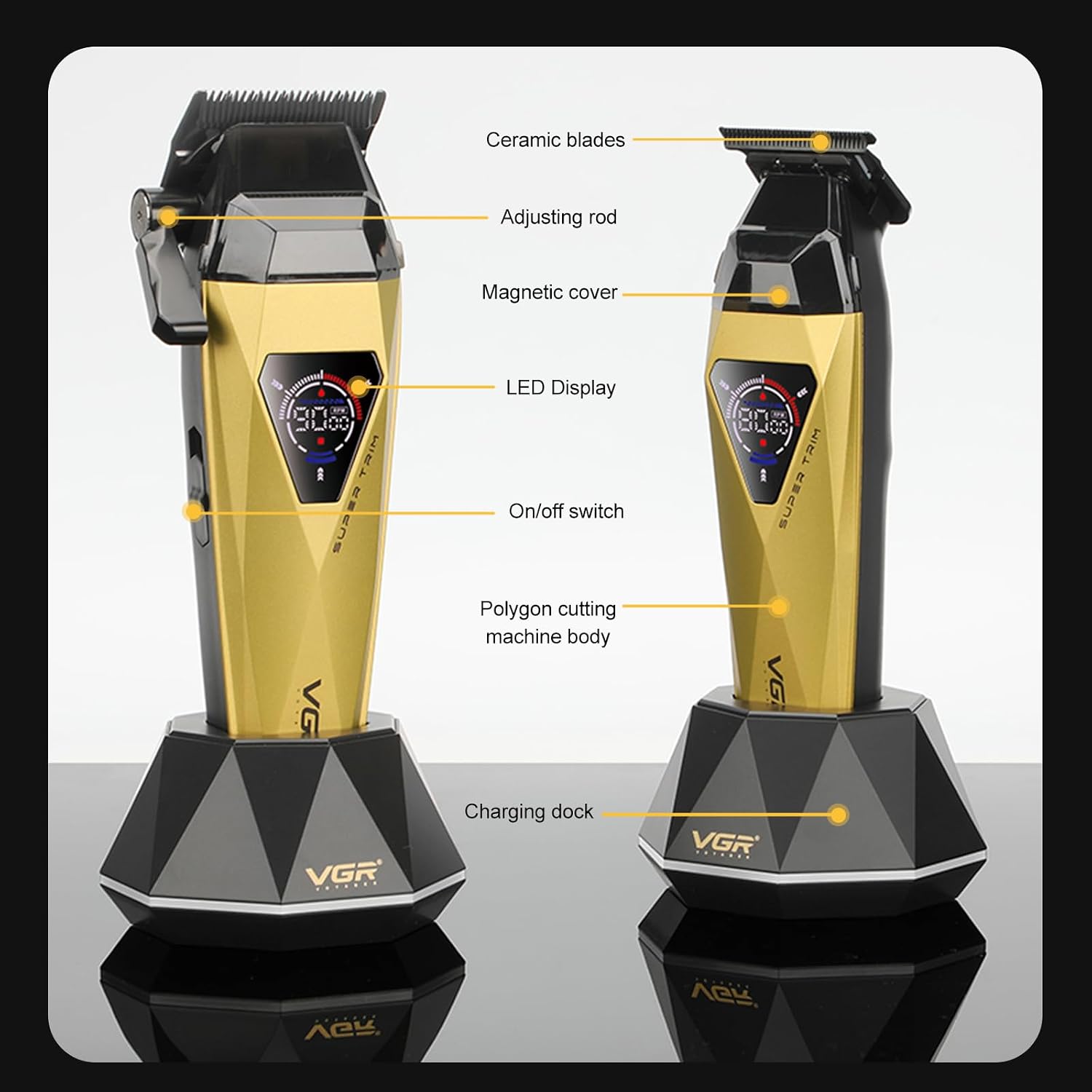 VGR 877S3 3-in-1 Barber Kit with Clipper Trimmer Foil Shaver. Gold | 9000/8000 RPM. 150/180/90min Runtime. DLC/Ceramic Blades. Titanium Foils. Charging Base. LED Display. All-in-One Grooming Set