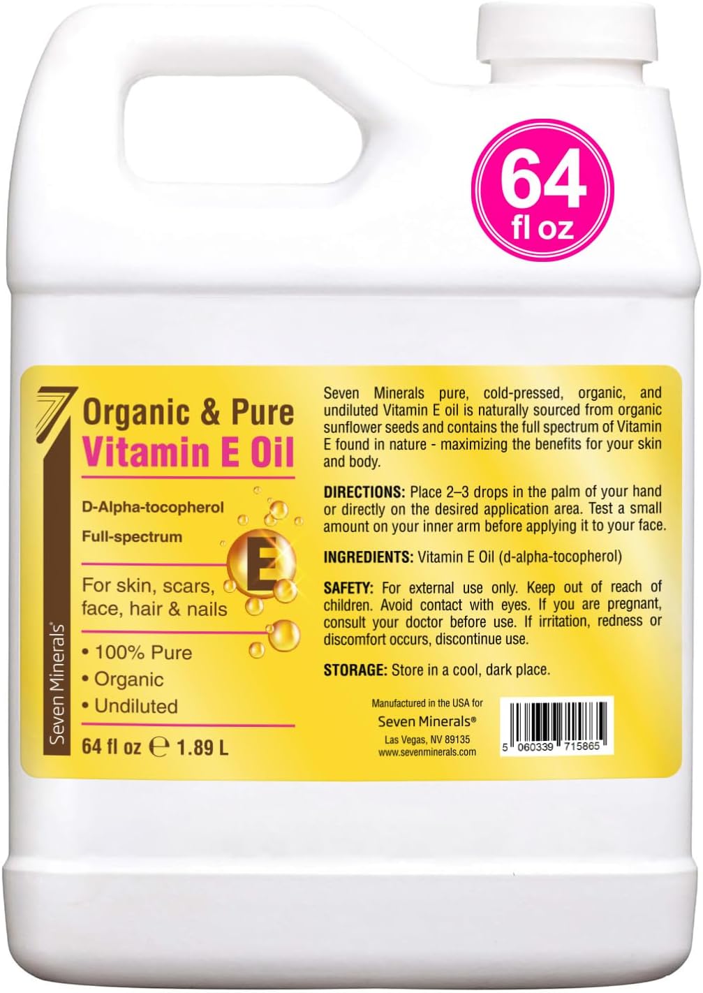 Seven Minerals Ultra Pure Vitamin E Oil - Full-Spectrum D-Alpha Tocopherol.100% Organic Vitamin E Oil for Skin. Face. Hair. and Scars - Naturally Occurring = Not Synthetic - 64 fl oz (Half-Gallon) Jug
