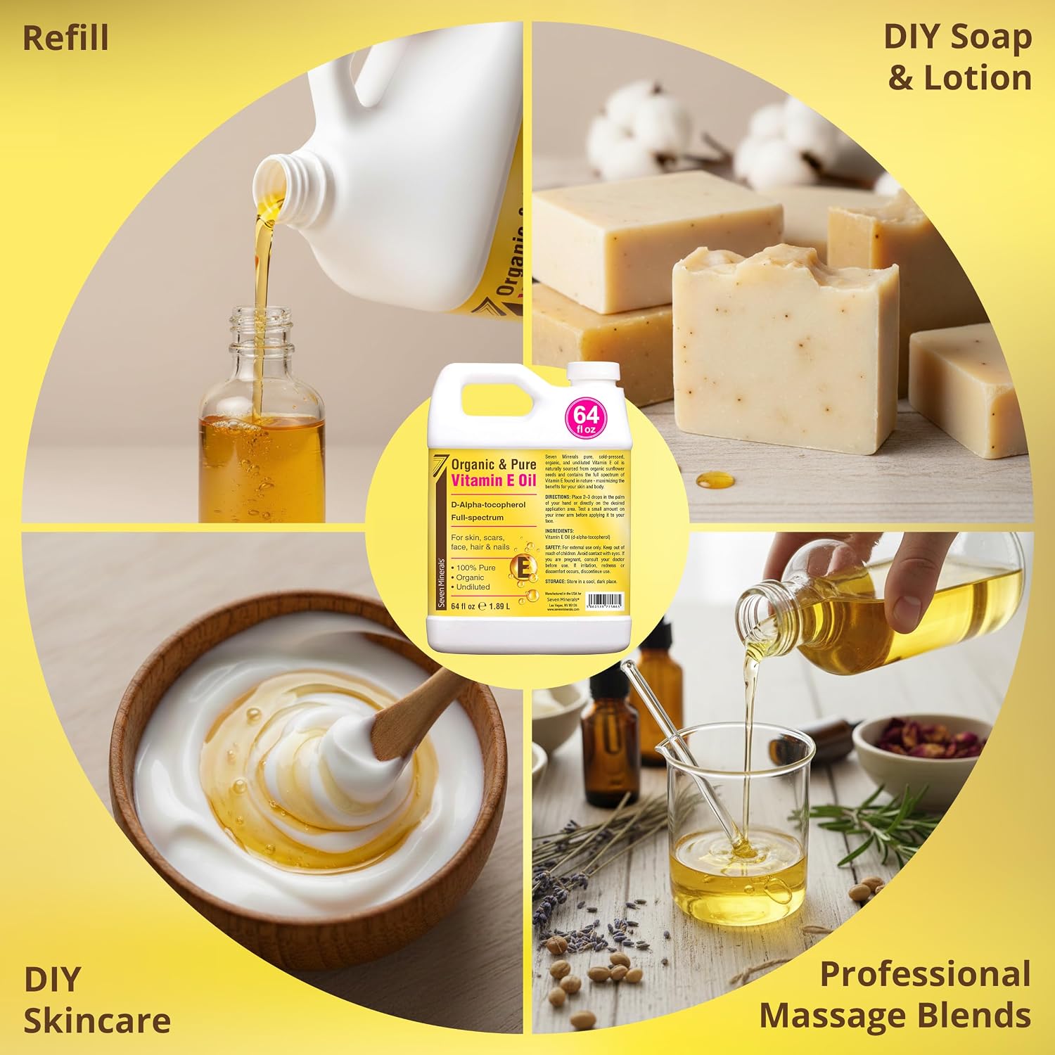 Seven Minerals Ultra Pure Vitamin E Oil - Full-Spectrum D-Alpha Tocopherol.100% Organic Vitamin E Oil for Skin. Face. Hair. and Scars - Naturally Occurring = Not Synthetic - 64 fl oz (Half-Gallon) Jug