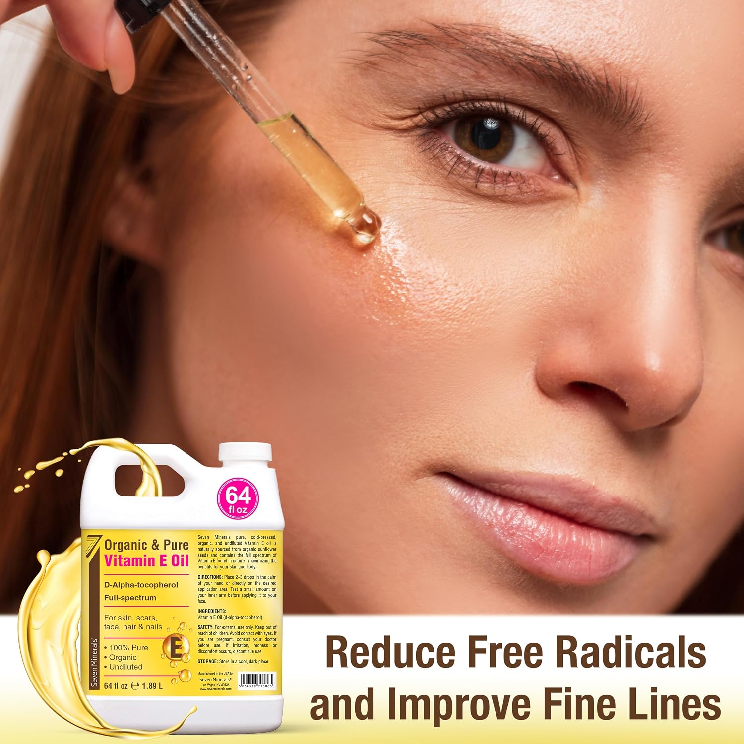 Seven Minerals Ultra Pure Vitamin E Oil - Full-Spectrum D-Alpha Tocopherol.100% Organic Vitamin E Oil for Skin. Face. Hair. and Scars - Naturally Occurring = Not Synthetic - 64 fl oz (Half-Gallon) Jug