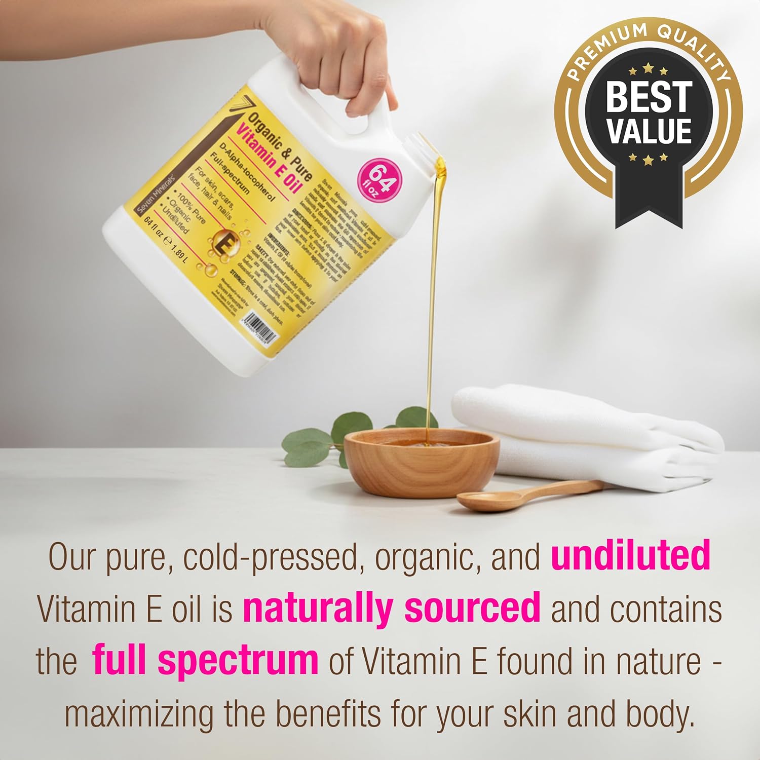 Seven Minerals Ultra Pure Vitamin E Oil - Full-Spectrum D-Alpha Tocopherol.100% Organic Vitamin E Oil for Skin. Face. Hair. and Scars - Naturally Occurring = Not Synthetic - 64 fl oz (Half-Gallon) Jug