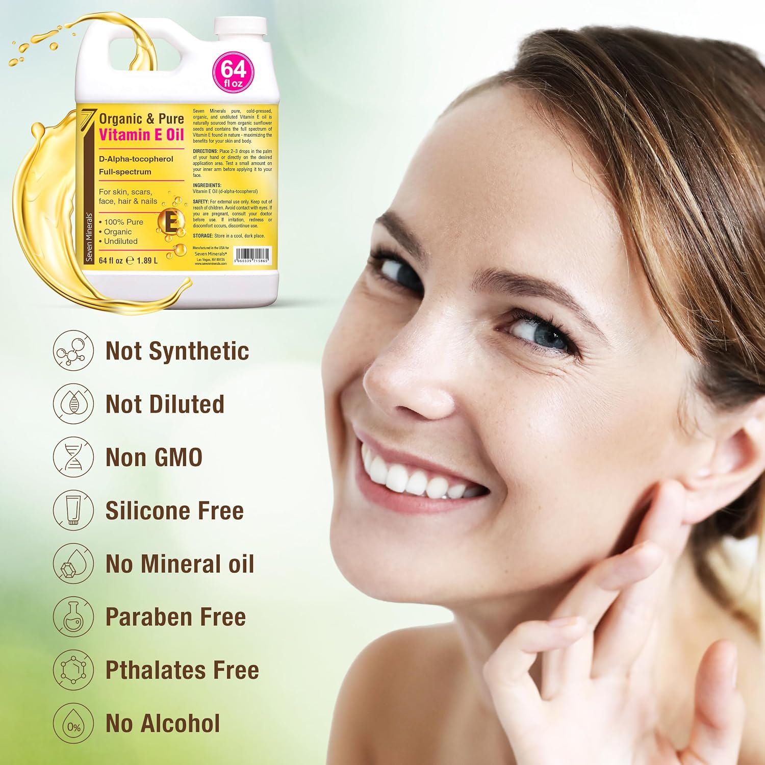 Seven Minerals Ultra Pure Vitamin E Oil - Full-Spectrum D-Alpha Tocopherol.100% Organic Vitamin E Oil for Skin. Face. Hair. and Scars - Naturally Occurring = Not Synthetic - 64 fl oz (Half-Gallon) Jug