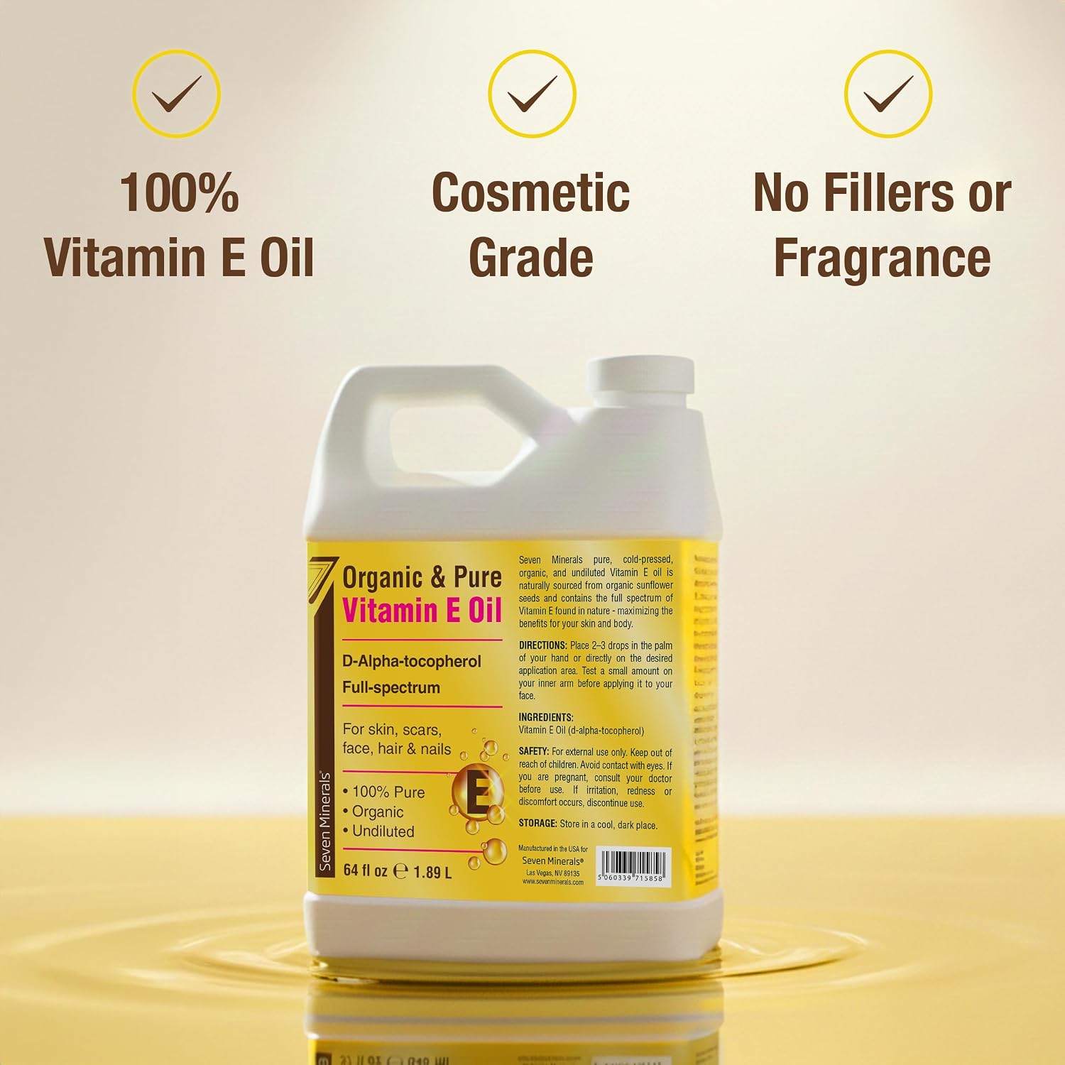 Seven Minerals Ultra Pure Vitamin E Oil - Full-Spectrum D-Alpha Tocopherol.100% Organic Vitamin E Oil for Skin. Face. Hair. and Scars - Naturally Occurring = Not Synthetic - 64 fl oz (Half-Gallon) Jug