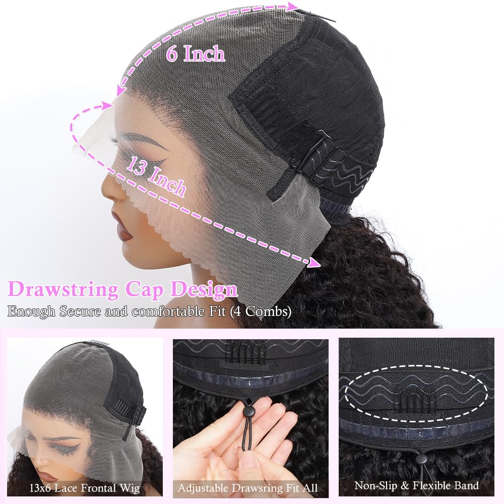 Lannaax 30 Inch 250 Density Curly Wig Human Hair With Drawstring Deep Wave Lace Front Wigs Human Hair Pre Plucked Virgin Remy Hair 5x Longer Lifespan 13x6 HD Lace Frontal Wigs Natural Black