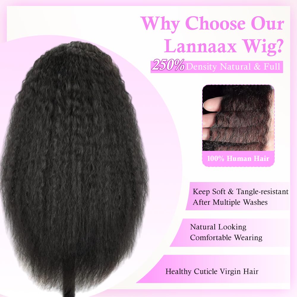 Lannaax 30 Inch 250 Density Curly Wig Human Hair With Drawstring Deep Wave Lace Front Wigs Human Hair Pre Plucked Virgin Remy Hair 5x Longer Lifespan 13x6 HD Lace Frontal Wigs Natural Black