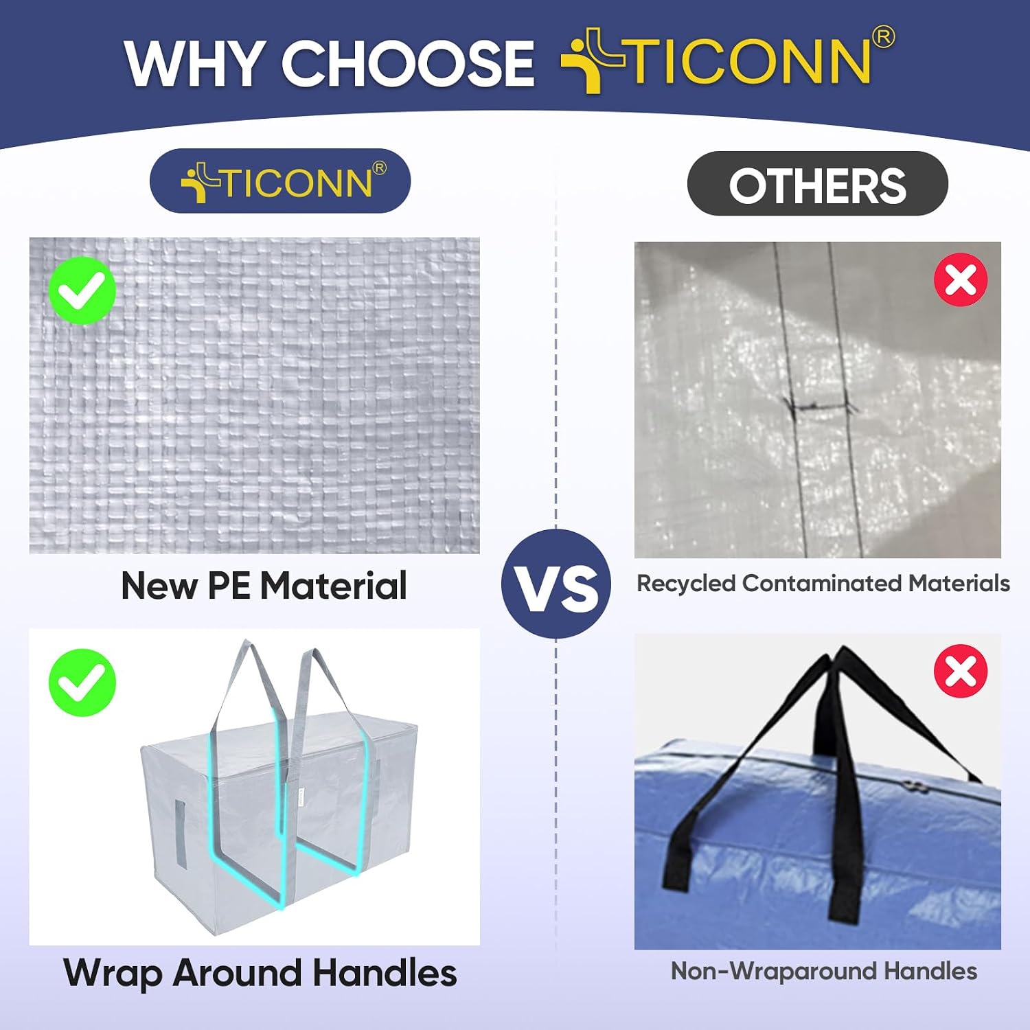 TICONN 2 Pack Extra Large Moving Bags Heavy Duty with Zippers & Carrying Handles. Durable Storage Bags Moving Boxes for Closet Organizers and Storage (2 Pack. Light Grey)
