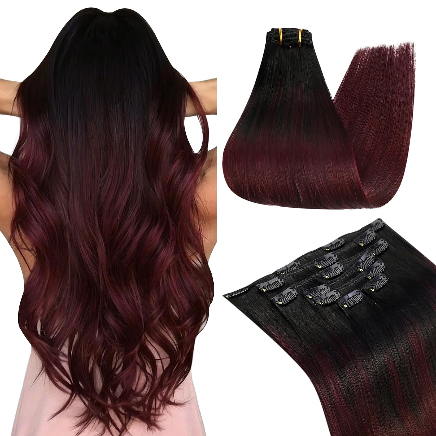 Ugeat Clip on Extensions Human Hair Ombre 24 Inch 7pcs 120g Softness | Real Human Hair Extensions Clip ins . Natural Black Ombre Dark Red . Long Straight Hair