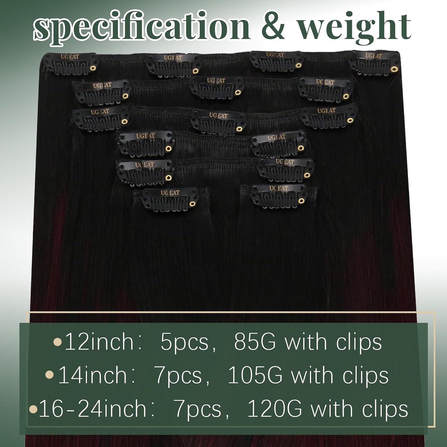 Ugeat Clip on Extensions Human Hair Ombre 24 Inch 7pcs 120g Softness | Real Human Hair Extensions Clip ins . Natural Black Ombre Dark Red . Long Straight Hair
