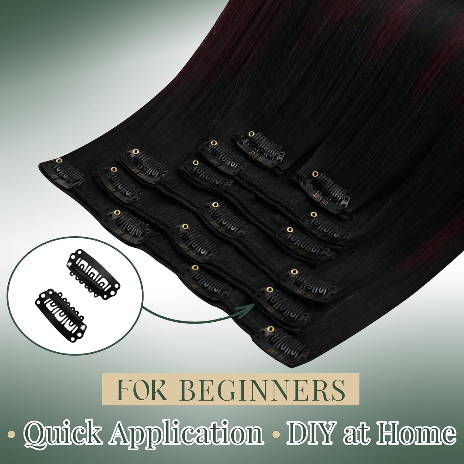 Ugeat Clip on Extensions Human Hair Ombre 24 Inch 7pcs 120g Softness | Real Human Hair Extensions Clip ins . Natural Black Ombre Dark Red . Long Straight Hair