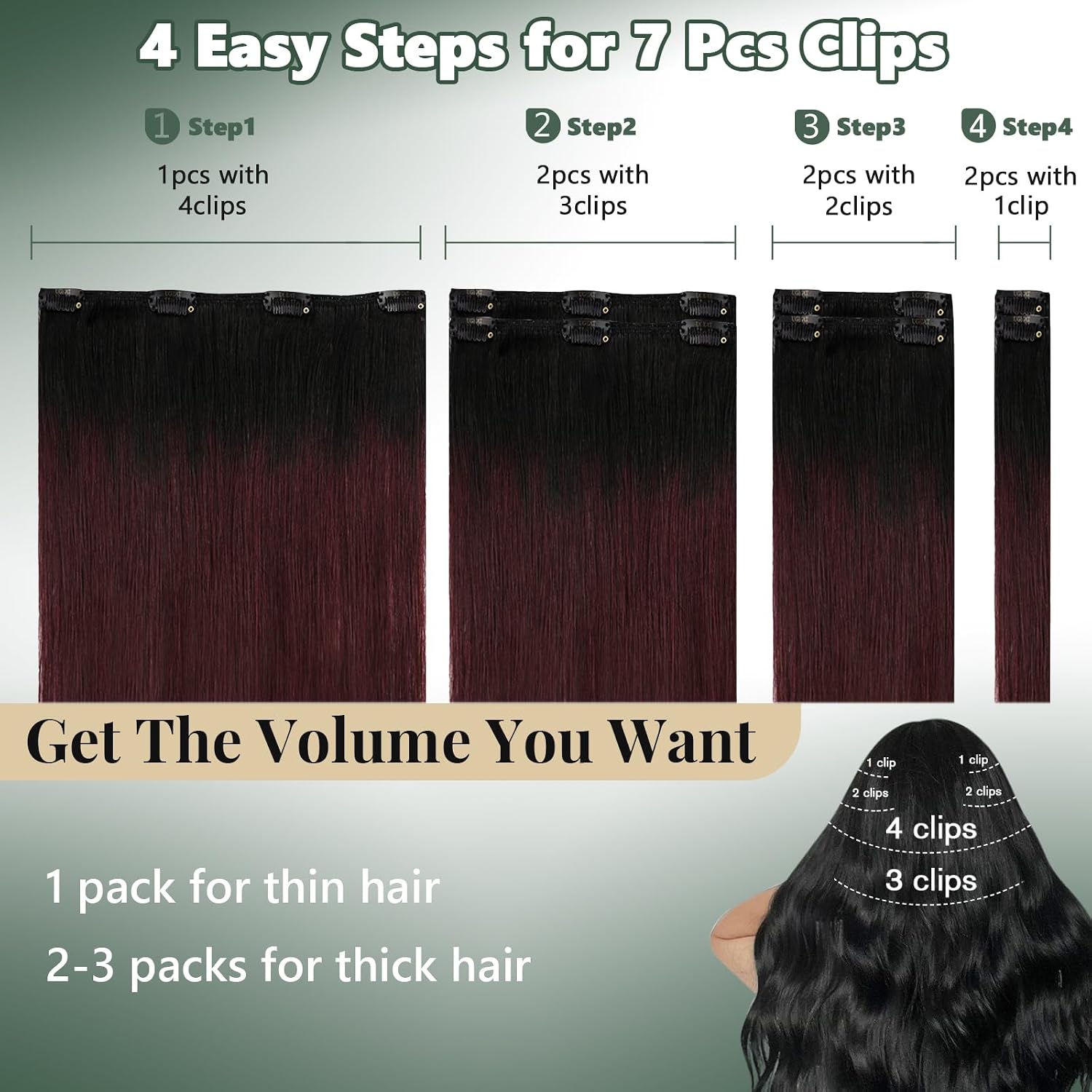 Ugeat Clip on Extensions Human Hair Ombre 24 Inch 7pcs 120g Softness | Real Human Hair Extensions Clip ins . Natural Black Ombre Dark Red . Long Straight Hair