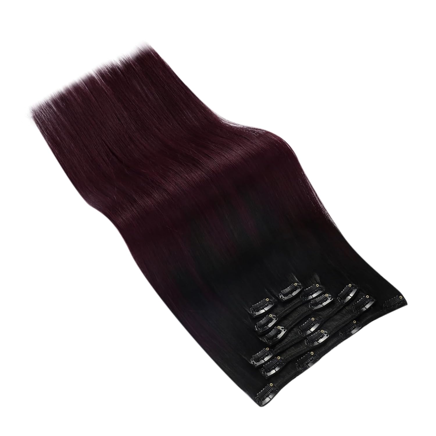 Ugeat Clip on Extensions Human Hair Ombre 24 Inch 7pcs 120g Softness | Real Human Hair Extensions Clip ins . Natural Black Ombre Dark Red . Long Straight Hair