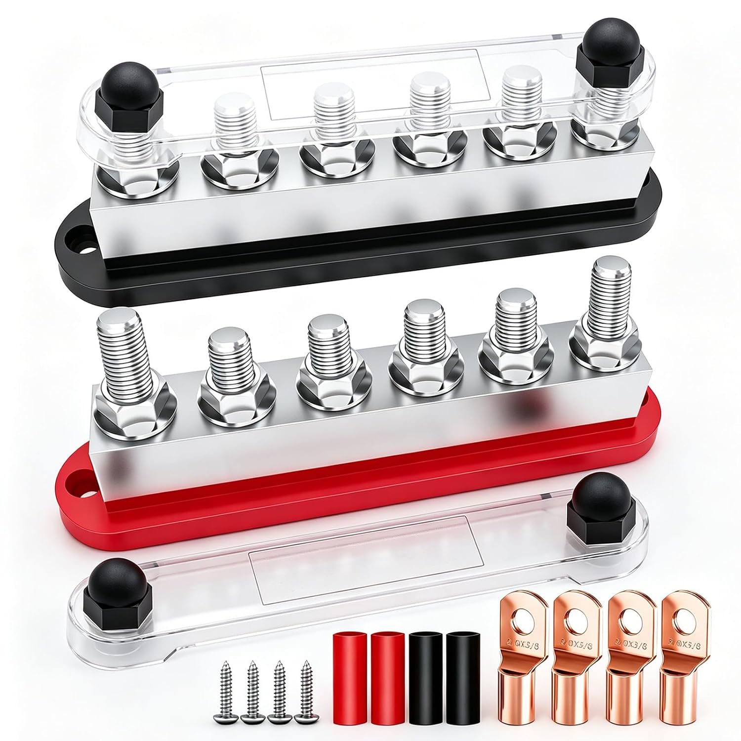 Aienxn 650A Marine Bus Bar Heavy Duty Power Distribution Block. Battery Busbar. Automotive Buss bar Terminal Block with 6X 3/8 (M10) Studs for Car. Boat and Solar Wiring (Black+Red)