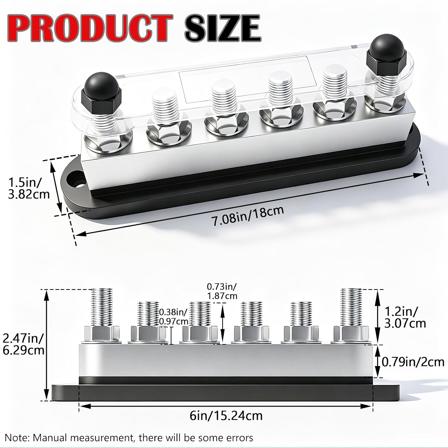 Aienxn 650A Marine Bus Bar Heavy Duty Power Distribution Block. Battery Busbar. Automotive Buss bar Terminal Block with 6X 3/8 (M10) Studs for Car. Boat and Solar Wiring (Black+Red)
