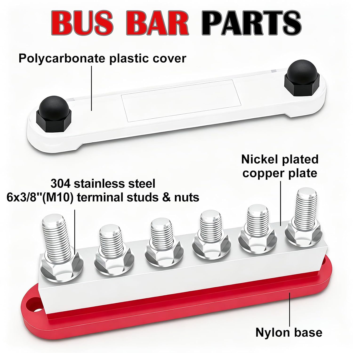 Aienxn 650A Marine Bus Bar Heavy Duty Power Distribution Block. Battery Busbar. Automotive Buss bar Terminal Block with 6X 3/8 (M10) Studs for Car. Boat and Solar Wiring (Black+Red)