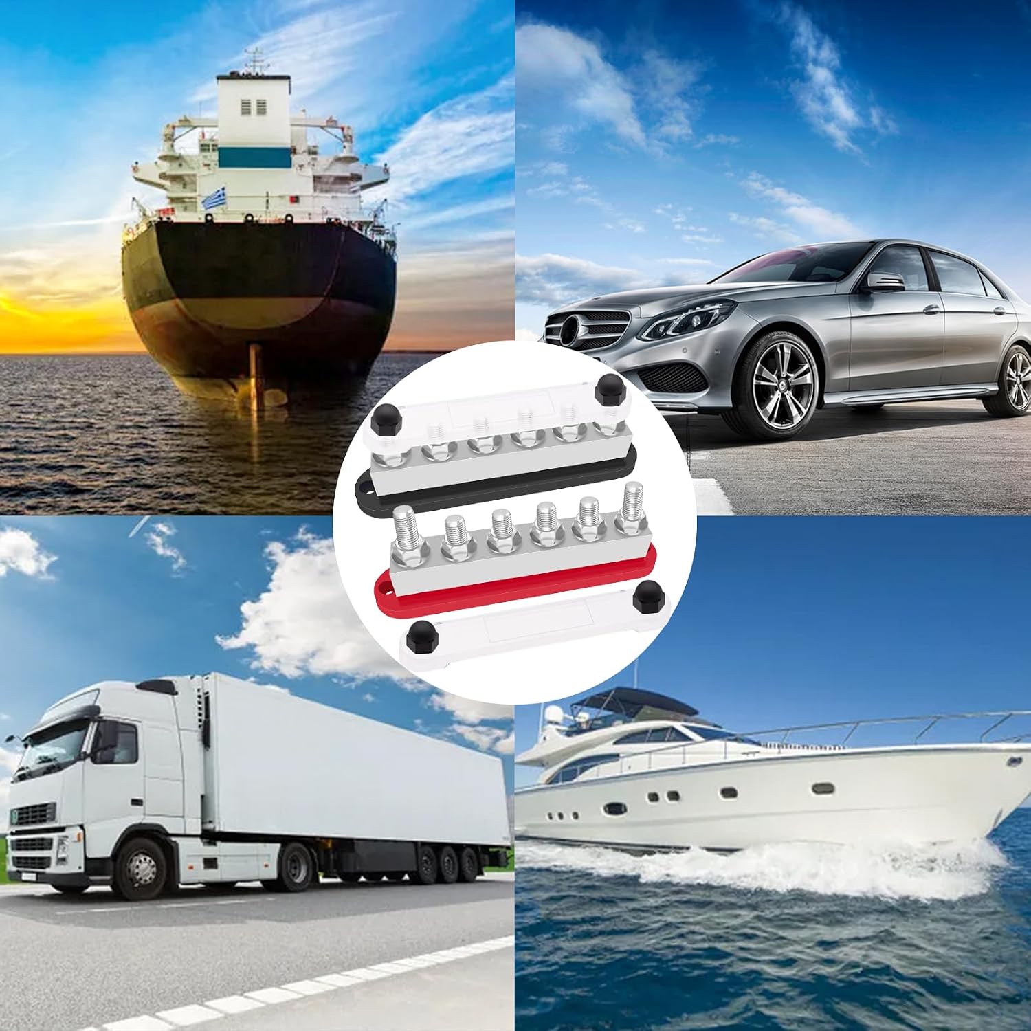 Aienxn 650A Marine Bus Bar Heavy Duty Power Distribution Block. Battery Busbar. Automotive Buss bar Terminal Block with 6X 3/8 (M10) Studs for Car. Boat and Solar Wiring (Black+Red)