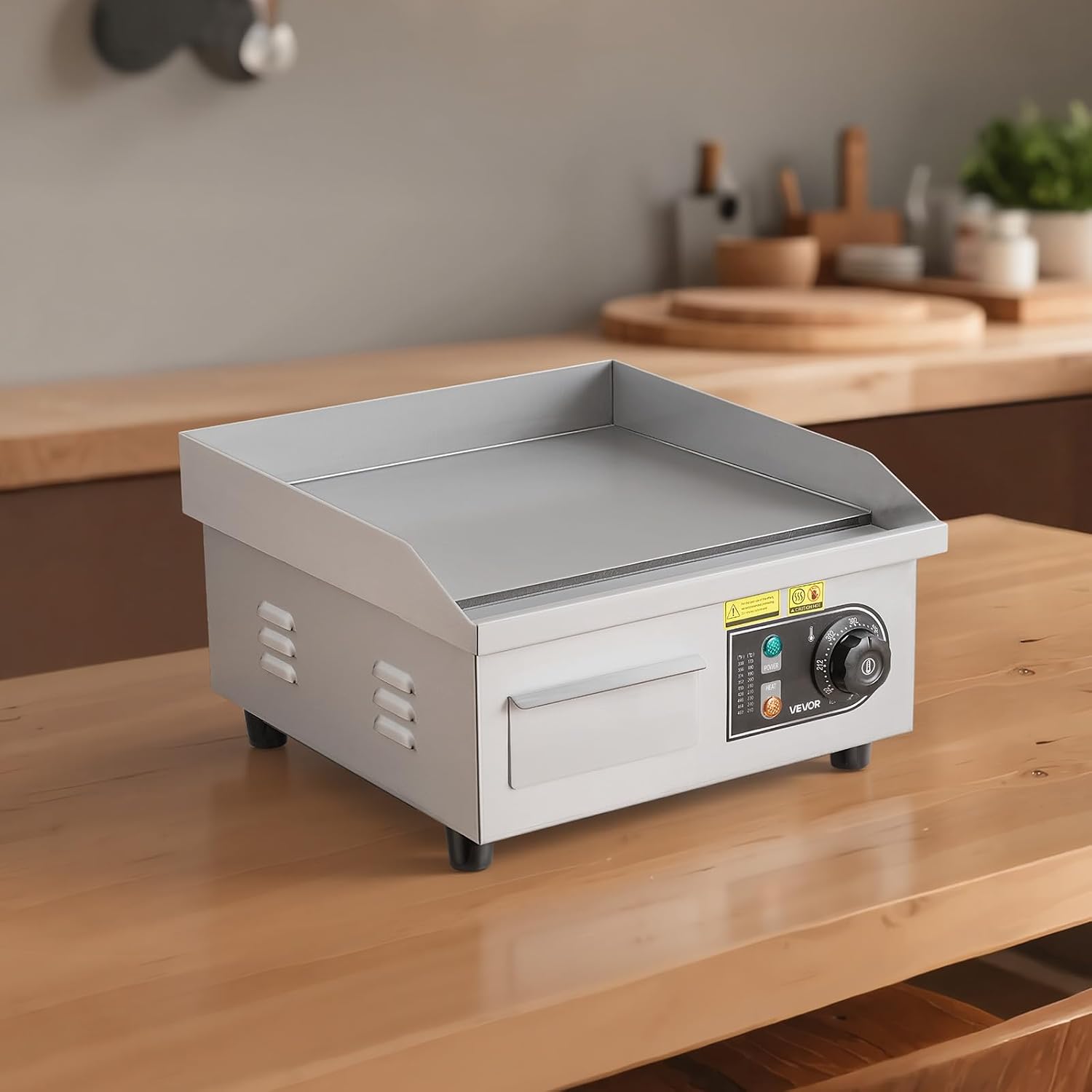 VEVOR 14 Commercial Electric Griddle.110V 1500W Electric Countertop Griddle Non-Stick Restaurant Teppanyaki flat top Grill Stainless Steel 122°F-572°F Adjustable Temperature Control(No Plug)