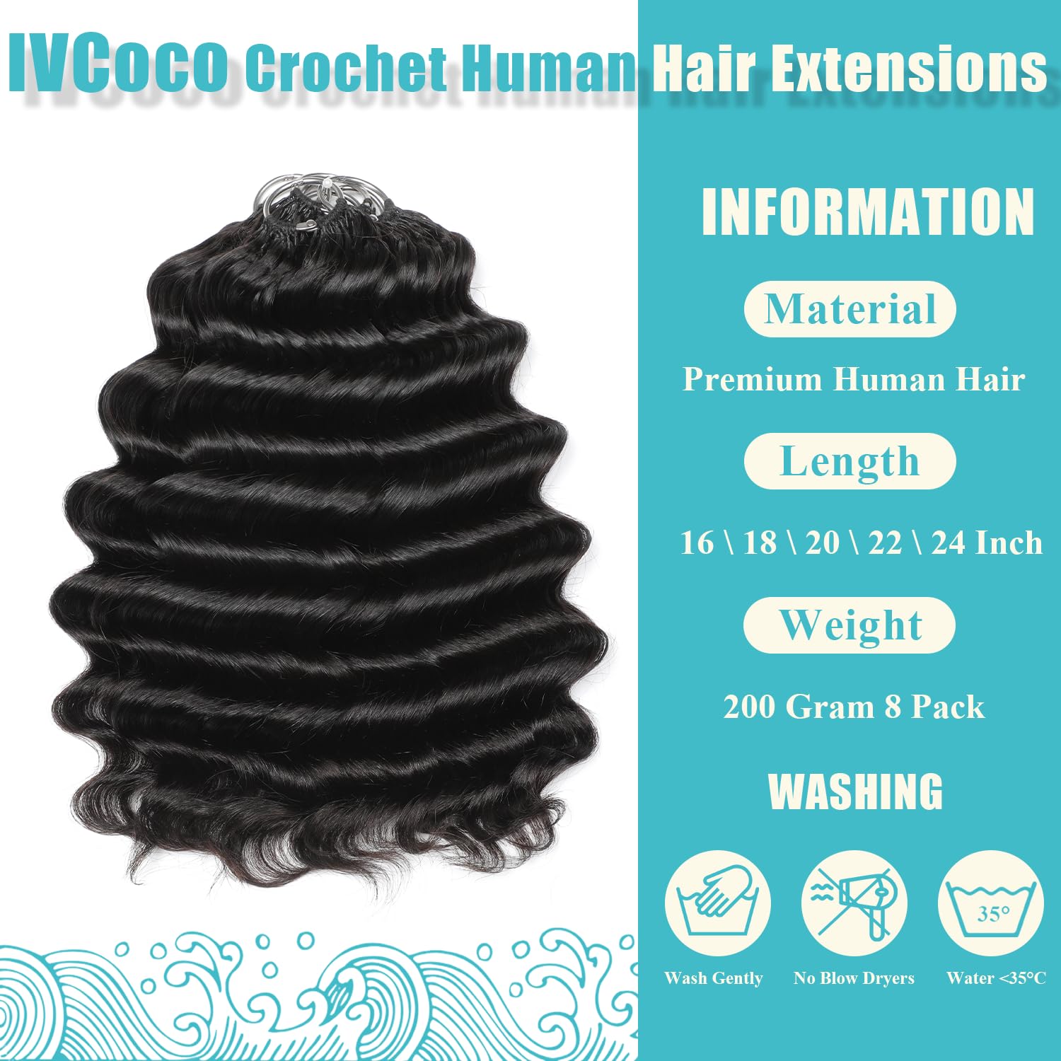 IVCoco Human Crochet Hair for Black Women 22 Inch Ocean Wave Crochet Human Hair Bundles 200g Pre-Separated Feather Crochet Human Hair Invisible Crochet Hair Extensions 160 Strands Natural Black