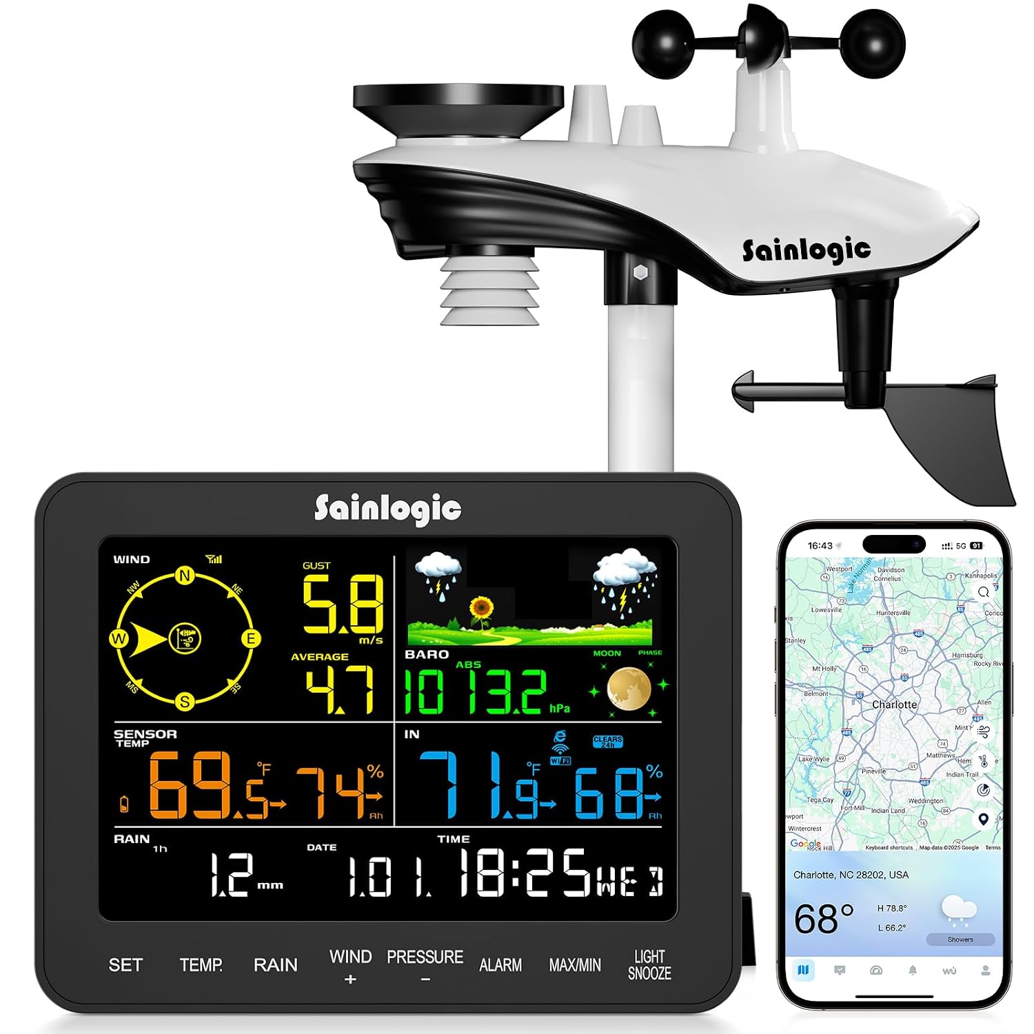 Sainlogic Smart WiFi Weather Station with Rain Gauge and Wind Speed. 24/7 AI Weather Forecast by Weatherseed®. Wireless Indoor Outdoor. APP Alerts. 2-Year Data Export (2.4GHz WiFi Only)