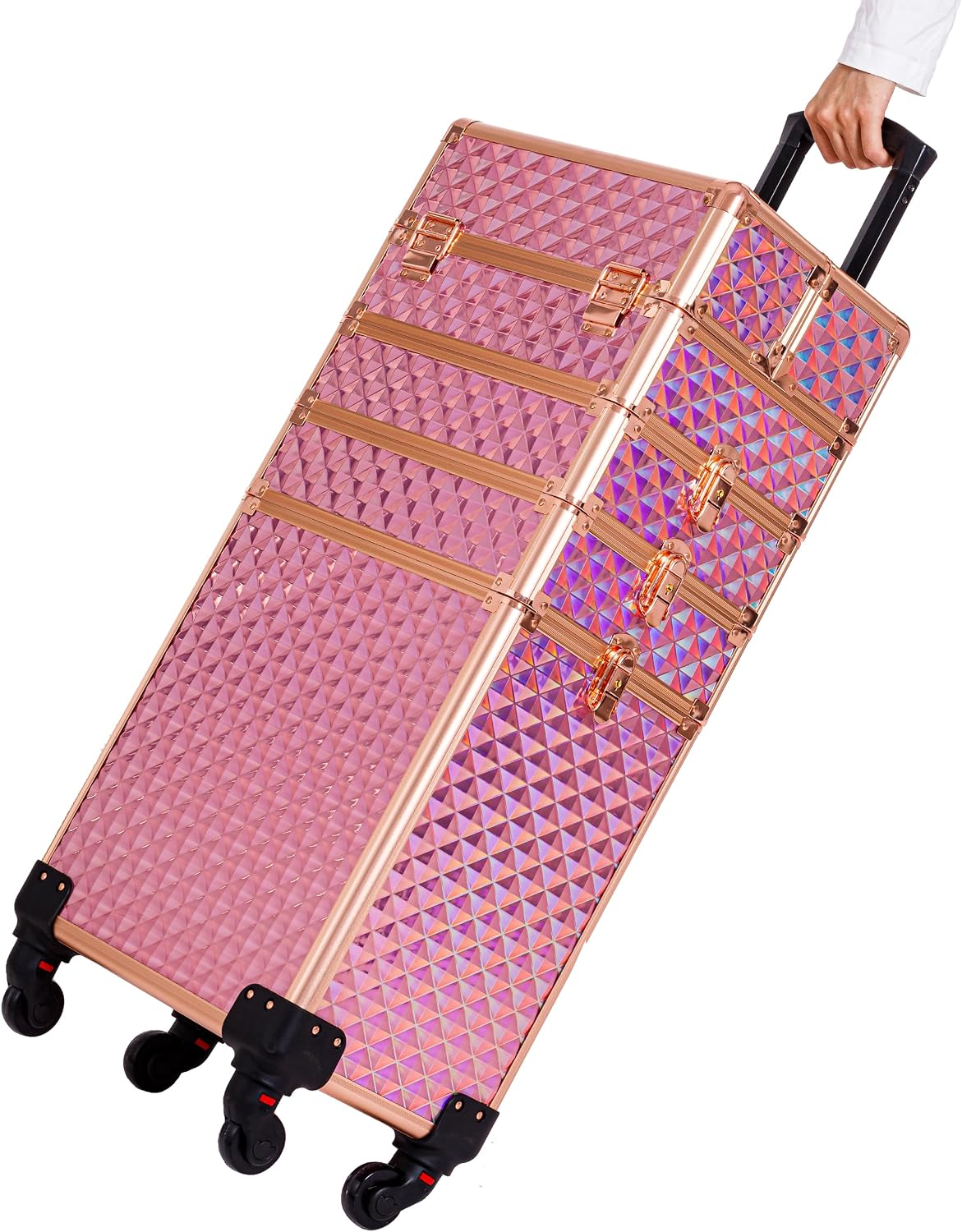 AROUS Rolling Train Makeup Case Cosmetology Case on Wheels. Pink | 4 in 1 Large Cosmetic Organizer Train Case Makeup Travel Case with Key Nail Artist Salon Storage Traveling Cart Trunk