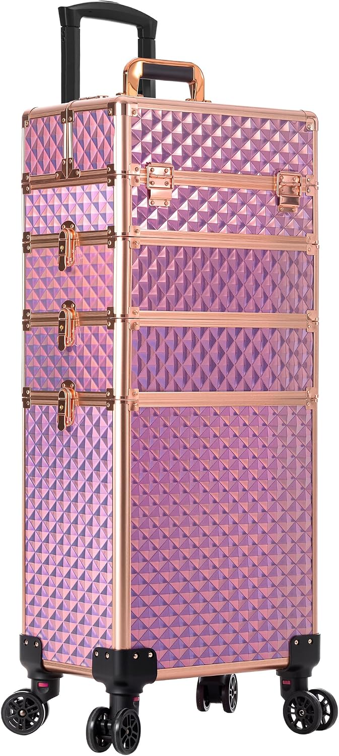 AROUS Rolling Train Makeup Case Cosmetology Case on Wheels. Pink | 4 in 1 Large Cosmetic Organizer Train Case Makeup Travel Case with Key Nail Artist Salon Storage Traveling Cart Trunk