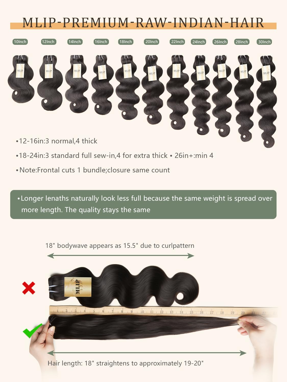 MLIP Body Wave Bundles Human Hair. 100% Raw Indian Hair. Full & Thick | Low Tangle. Low Shedding. Silky Soft After Multiple Washes. Lasts 3X Longer. Natural Color. 3 Bundles 18 20 22 Inch