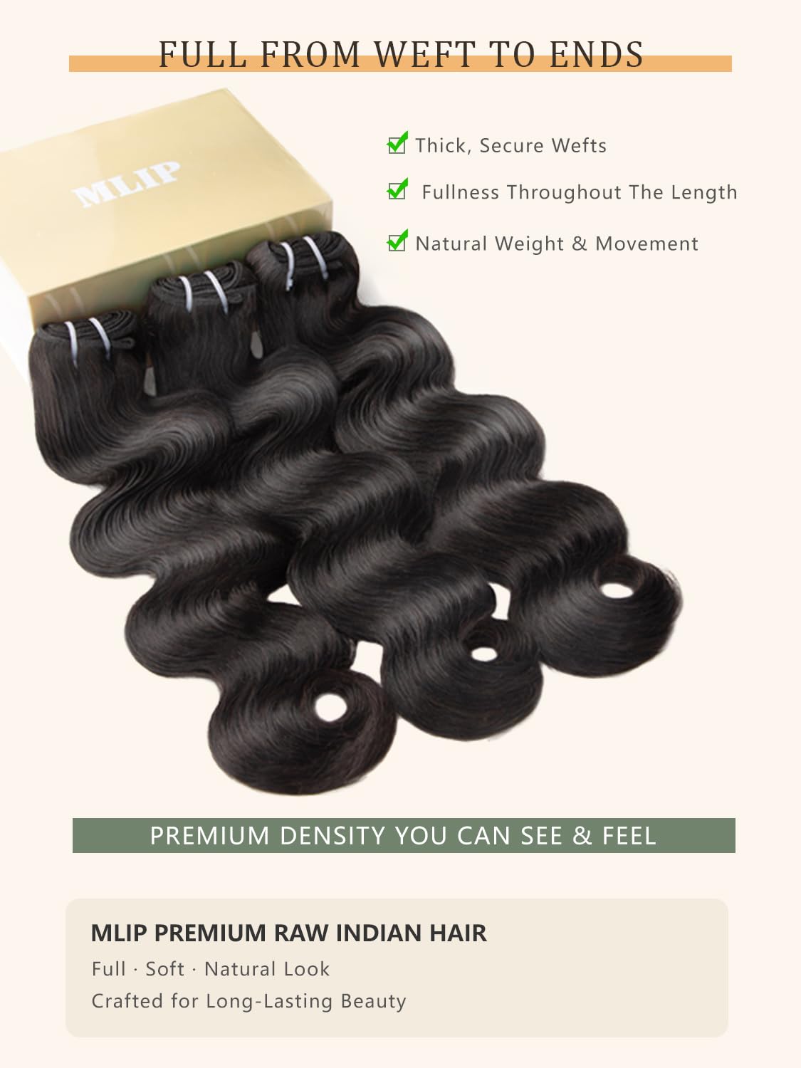 MLIP Body Wave Bundles Human Hair. 100% Raw Indian Hair. Full & Thick | Low Tangle. Low Shedding. Silky Soft After Multiple Washes. Lasts 3X Longer. Natural Color. 3 Bundles 18 20 22 Inch