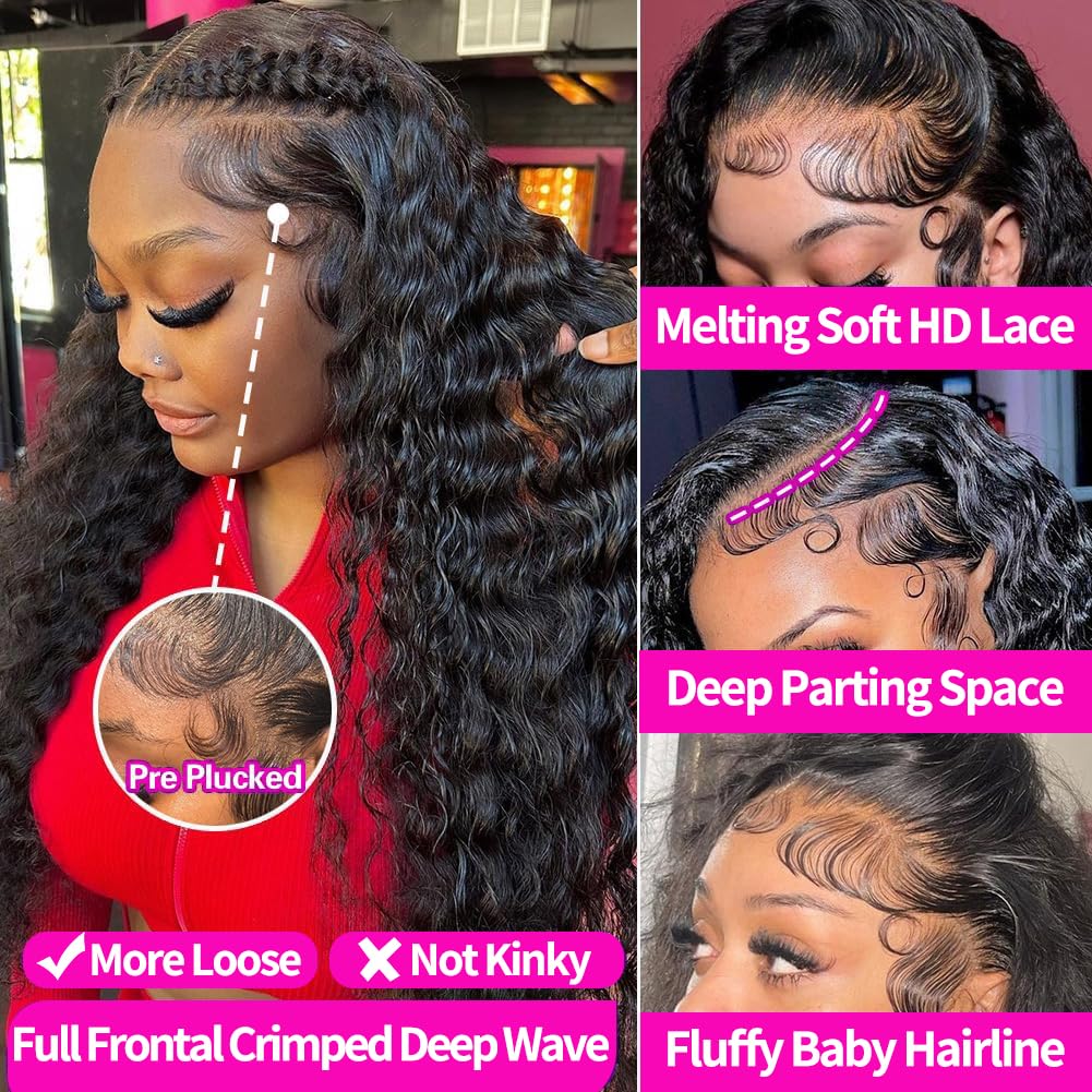 Durya Deep Wave Lace Front Wigs Human Hair 220% Density HD Deep Wave Wig Human Hair Lace Front Wigs Deep Curly Human Hair Wig For Women 13x4 Deep Wave Frontal Wig Pre Plucked Black 30 Inch