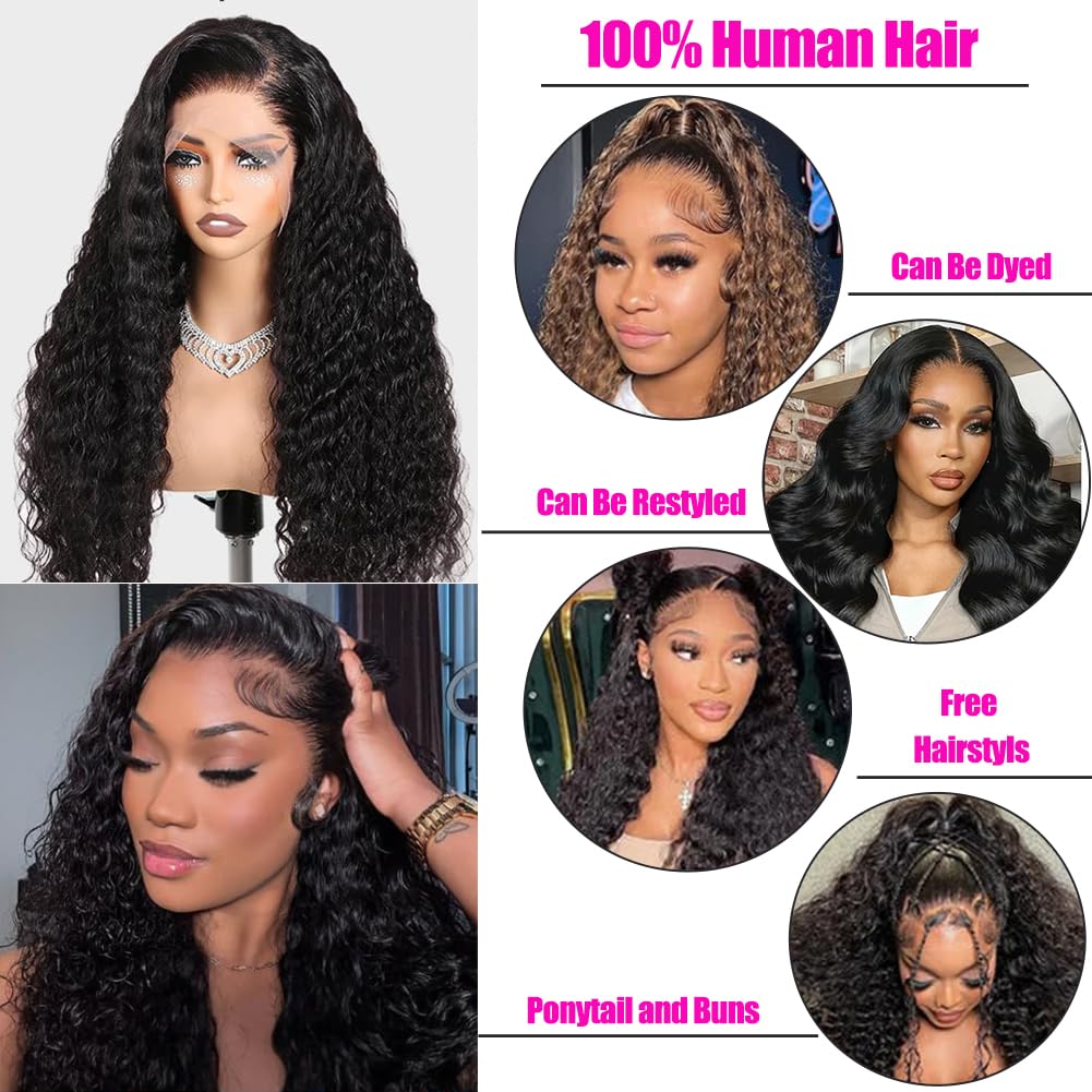 Durya Deep Wave Lace Front Wigs Human Hair 220% Density HD Deep Wave Wig Human Hair Lace Front Wigs Deep Curly Human Hair Wig For Women 13x4 Deep Wave Frontal Wig Pre Plucked Black 30 Inch