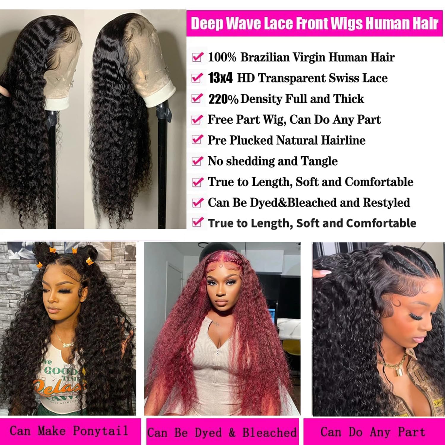 Durya Deep Wave Lace Front Wigs Human Hair 220% Density HD Deep Wave Wig Human Hair Lace Front Wigs Deep Curly Human Hair Wig For Women 13x4 Deep Wave Frontal Wig Pre Plucked Black 30 Inch