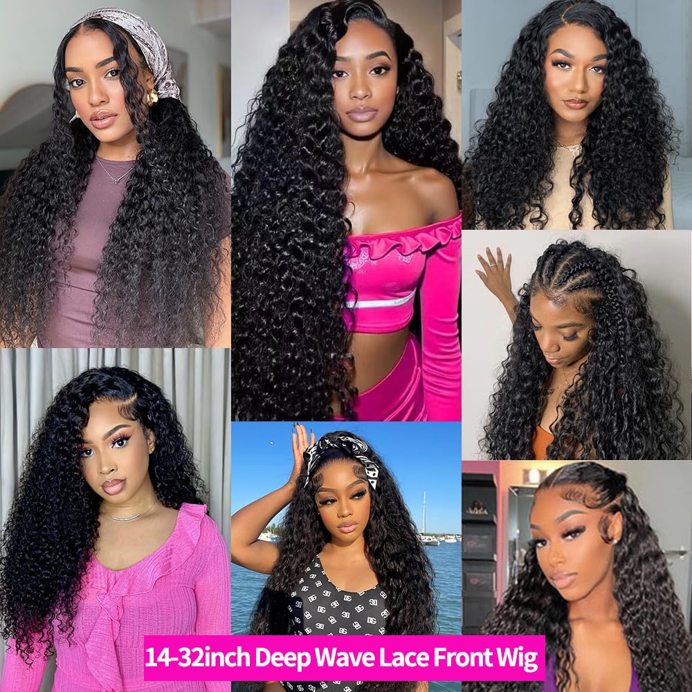 Durya Deep Wave Lace Front Wigs Human Hair 220% Density HD Deep Wave Wig Human Hair Lace Front Wigs Deep Curly Human Hair Wig For Women 13x4 Deep Wave Frontal Wig Pre Plucked Black 30 Inch