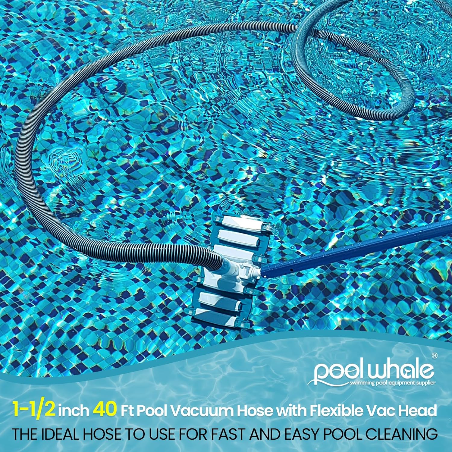 POOLWHALE Professional 1-1/2 In x 40-Feet Pool Vacuum Hoses and Head | Flexible Swivel Cuff Vac Hoses. Weighted Pool Vacuum Head with Wheels and Hose Kit for Above Ground and Inground Pools