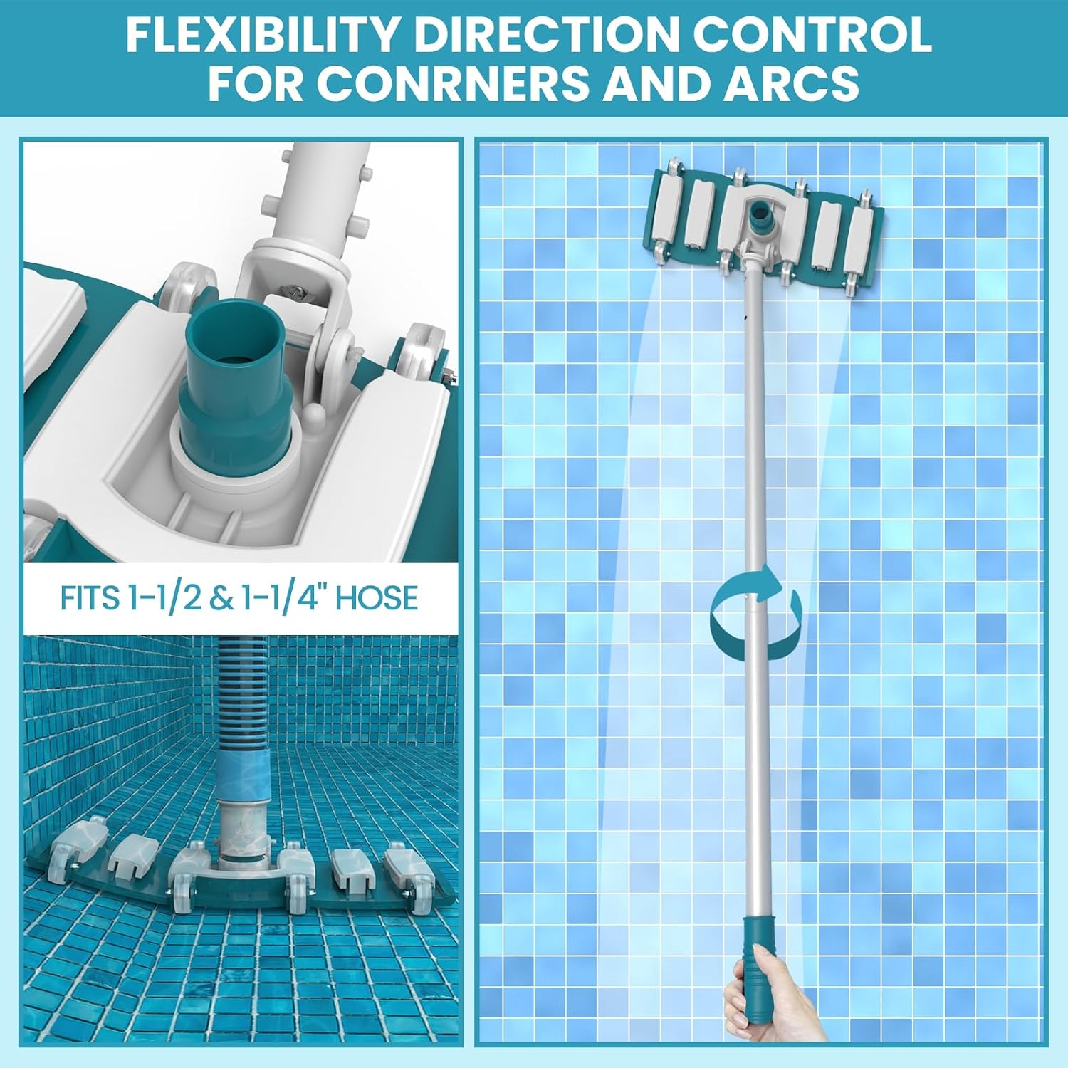 POOLWHALE Professional 1-1/2 In x 40-Feet Pool Vacuum Hoses and Head | Flexible Swivel Cuff Vac Hoses. Weighted Pool Vacuum Head with Wheels and Hose Kit for Above Ground and Inground Pools