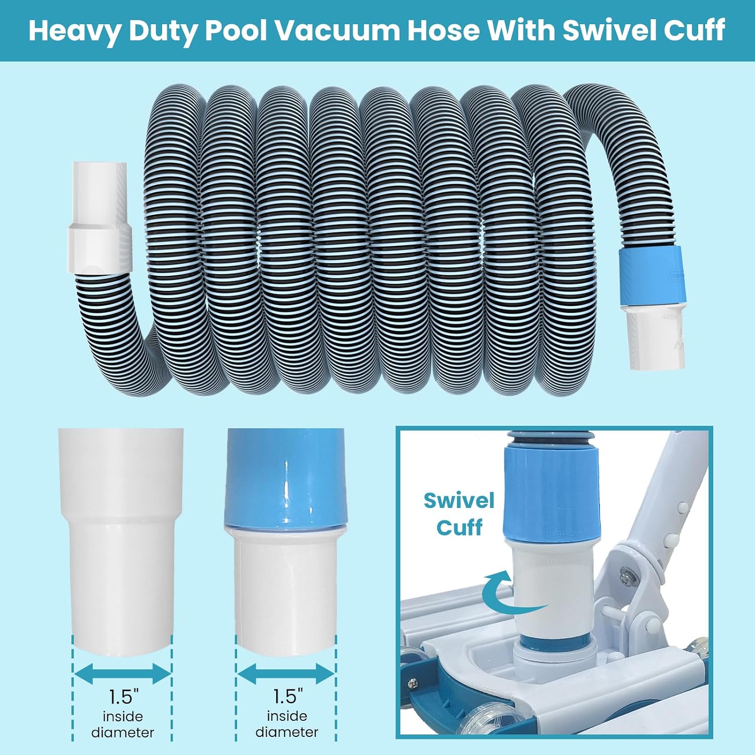 POOLWHALE Professional 1-1/2 In x 40-Feet Pool Vacuum Hoses and Head | Flexible Swivel Cuff Vac Hoses. Weighted Pool Vacuum Head with Wheels and Hose Kit for Above Ground and Inground Pools