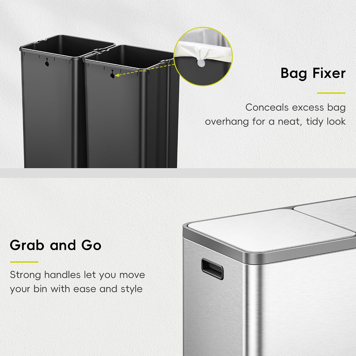 EKO EcoCasa Plus 2 x 10.6 Gal Dual Recycling Trash Can for Kitchen. Large Stainless Steel Step-On Garbage Can with Soft-Close Lids. Odor-Proof and Fingerprint-Resistant. Removable Buckets with Handles