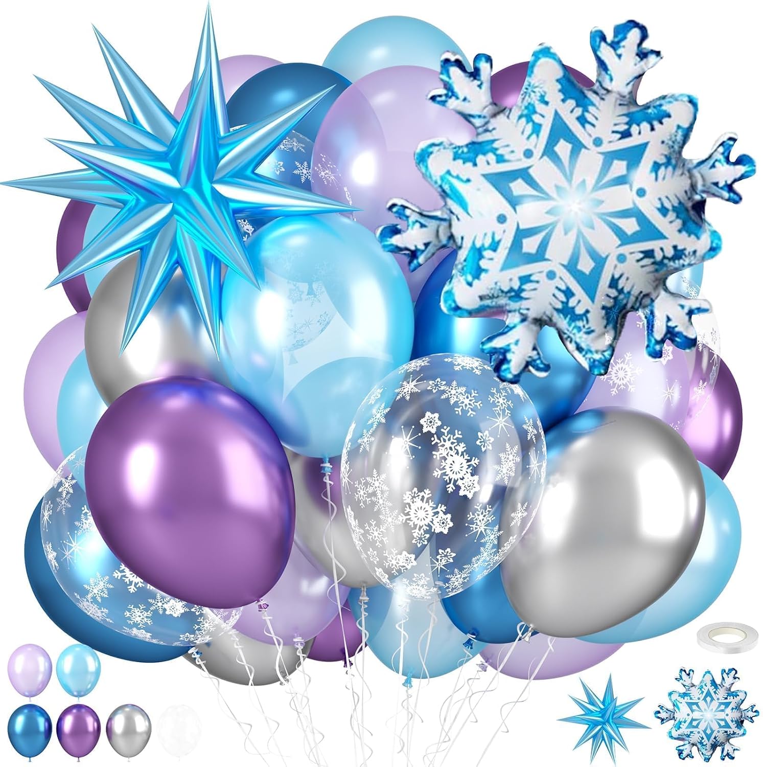 Frozen Balloons. 12 Inch Winter Snow Frozen Themed Party Decorations | Includes Snowflake Foil Balloons. Decorations For Frozen Birthday. Baby Shower And Winter Wedding Celebrations
