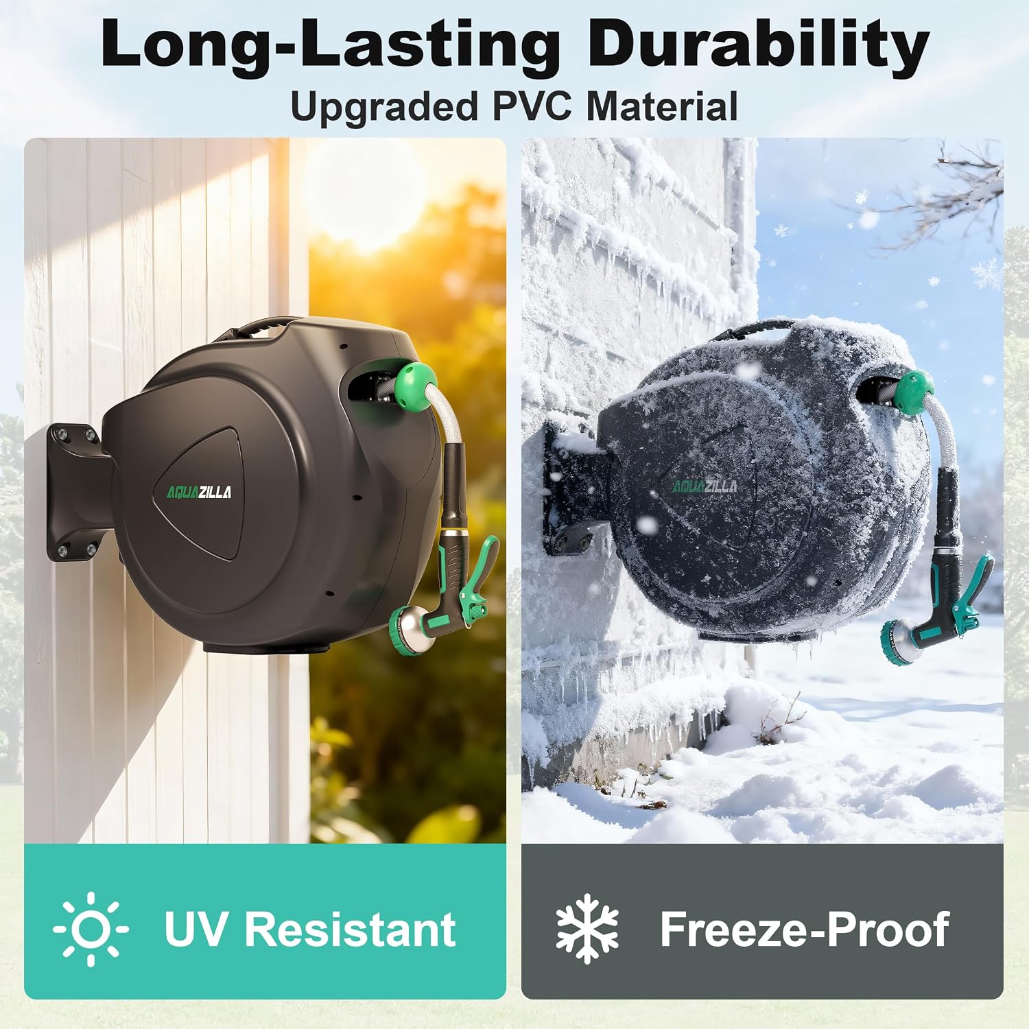 Retractable Garden Hose Reel - 5/8 in x 100 ft Automatic Wall Mount Heavy Duty Automatic Water Hose Reel with 9 Patterns Nozzle. Kink-Resistant Hose. 180° Swivel. Auto-Lock for Outdoor Watering