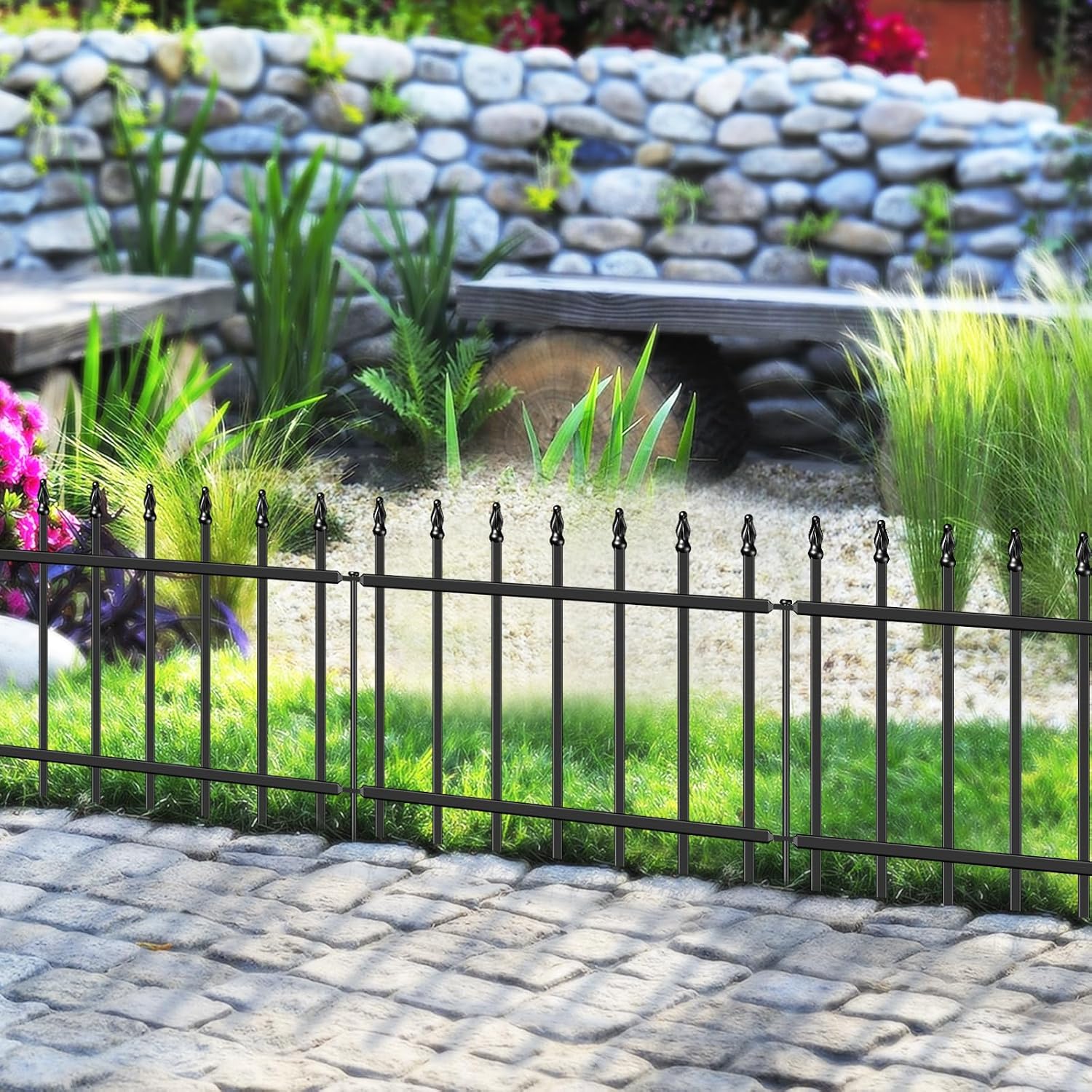Decorative Metal Garden Fence 18 x 20'. Small Fence Border with Stakes | 10 Panels. Short Wrought Iron Fencing for Flower Bed Lawn & Landscape. Fence Edging with Roman Column Decor. Black