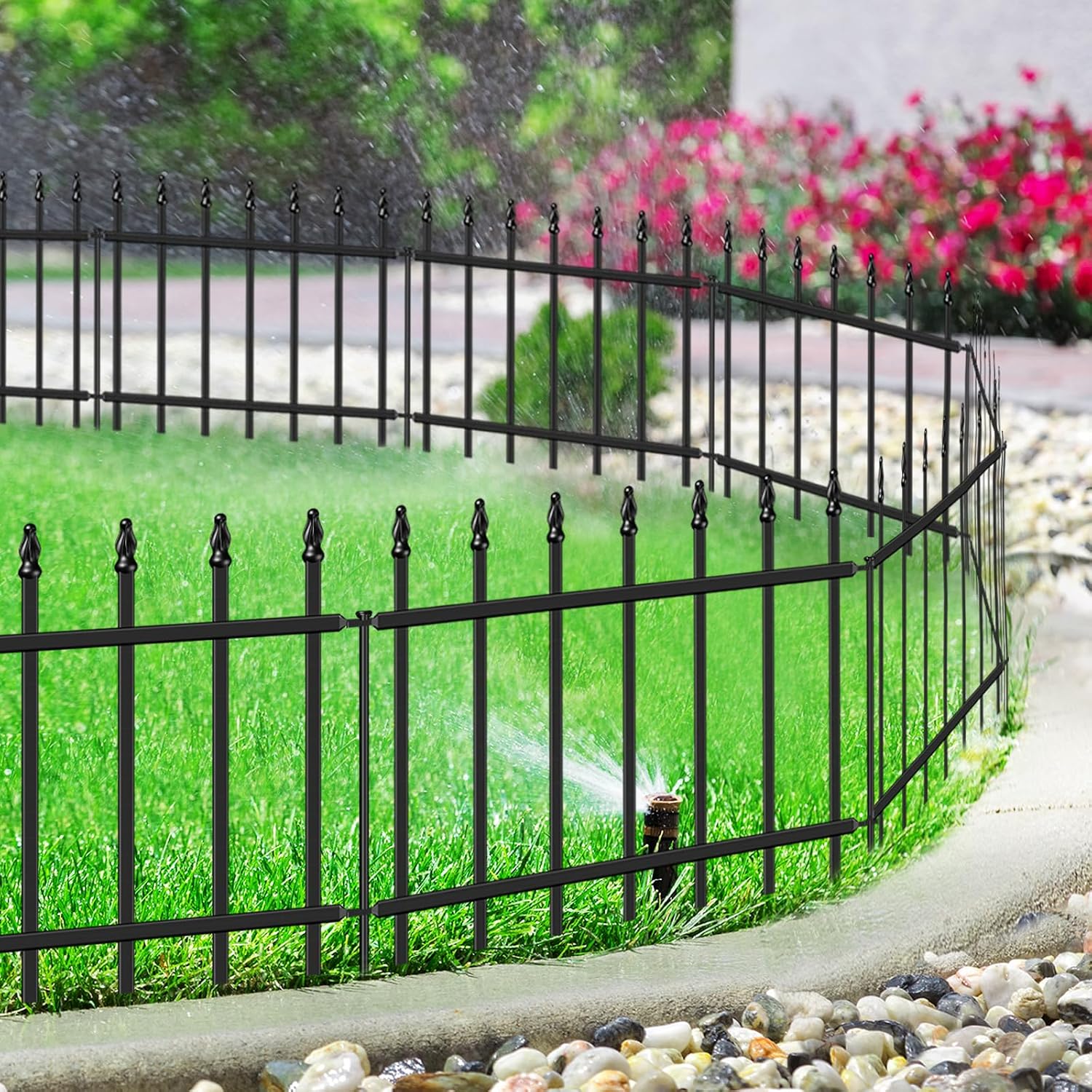 Decorative Metal Garden Fence 18 x 20'. Small Fence Border with Stakes | 10 Panels. Short Wrought Iron Fencing for Flower Bed Lawn & Landscape. Fence Edging with Roman Column Decor. Black