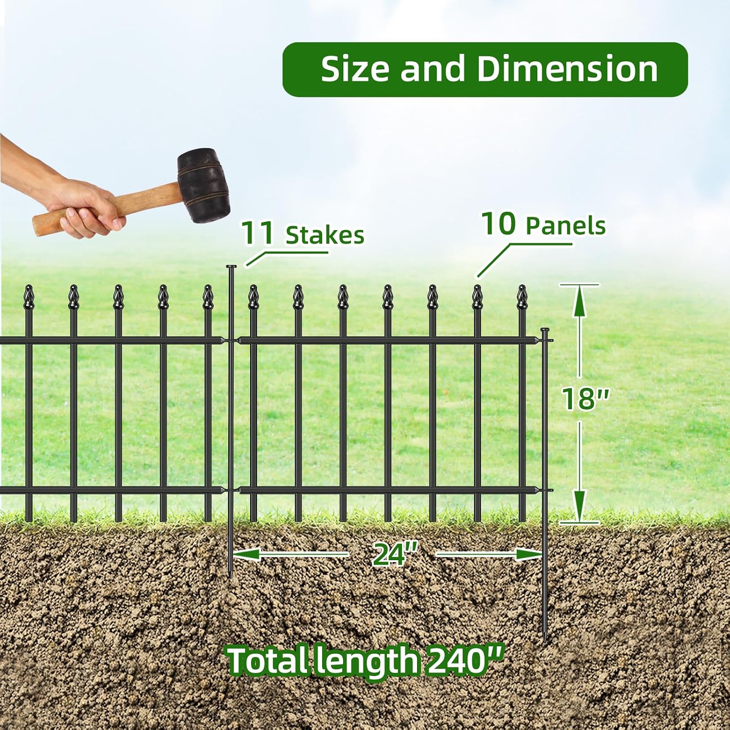 Decorative Metal Garden Fence 18 x 20'. Small Fence Border with Stakes | 10 Panels. Short Wrought Iron Fencing for Flower Bed Lawn & Landscape. Fence Edging with Roman Column Decor. Black