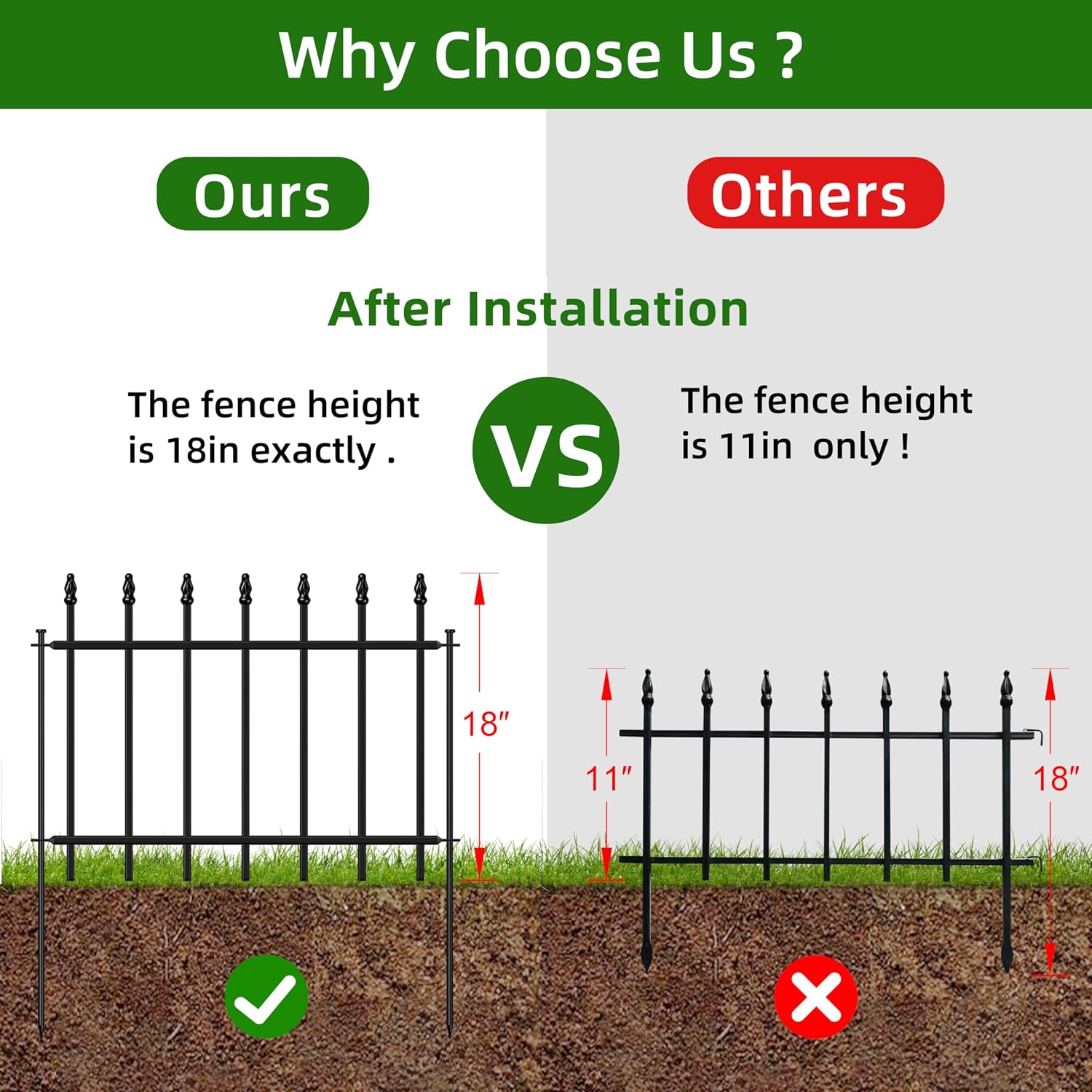Decorative Metal Garden Fence 18 x 20'. Small Fence Border with Stakes | 10 Panels. Short Wrought Iron Fencing for Flower Bed Lawn & Landscape. Fence Edging with Roman Column Decor. Black