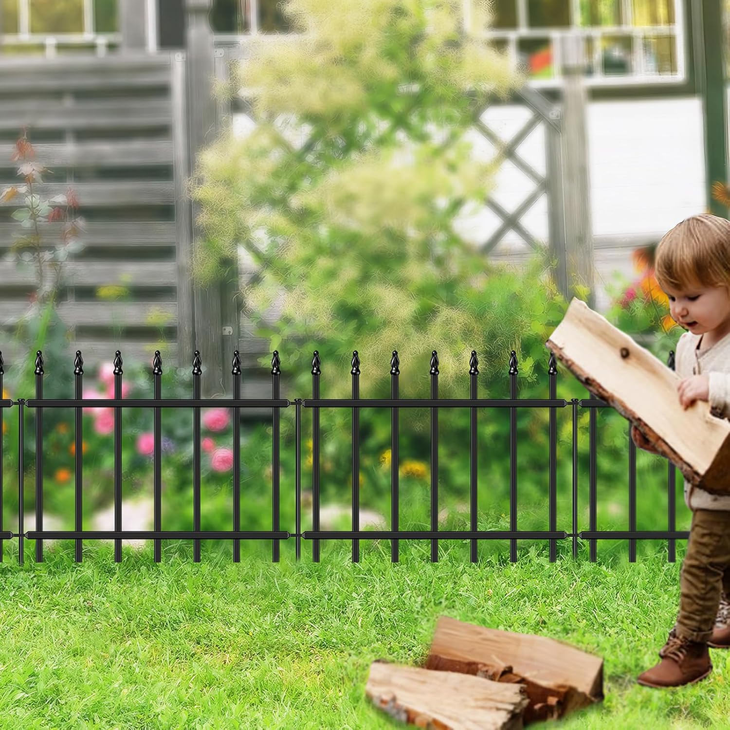 Decorative Metal Garden Fence 18 x 20'. Small Fence Border with Stakes | 10 Panels. Short Wrought Iron Fencing for Flower Bed Lawn & Landscape. Fence Edging with Roman Column Decor. Black
