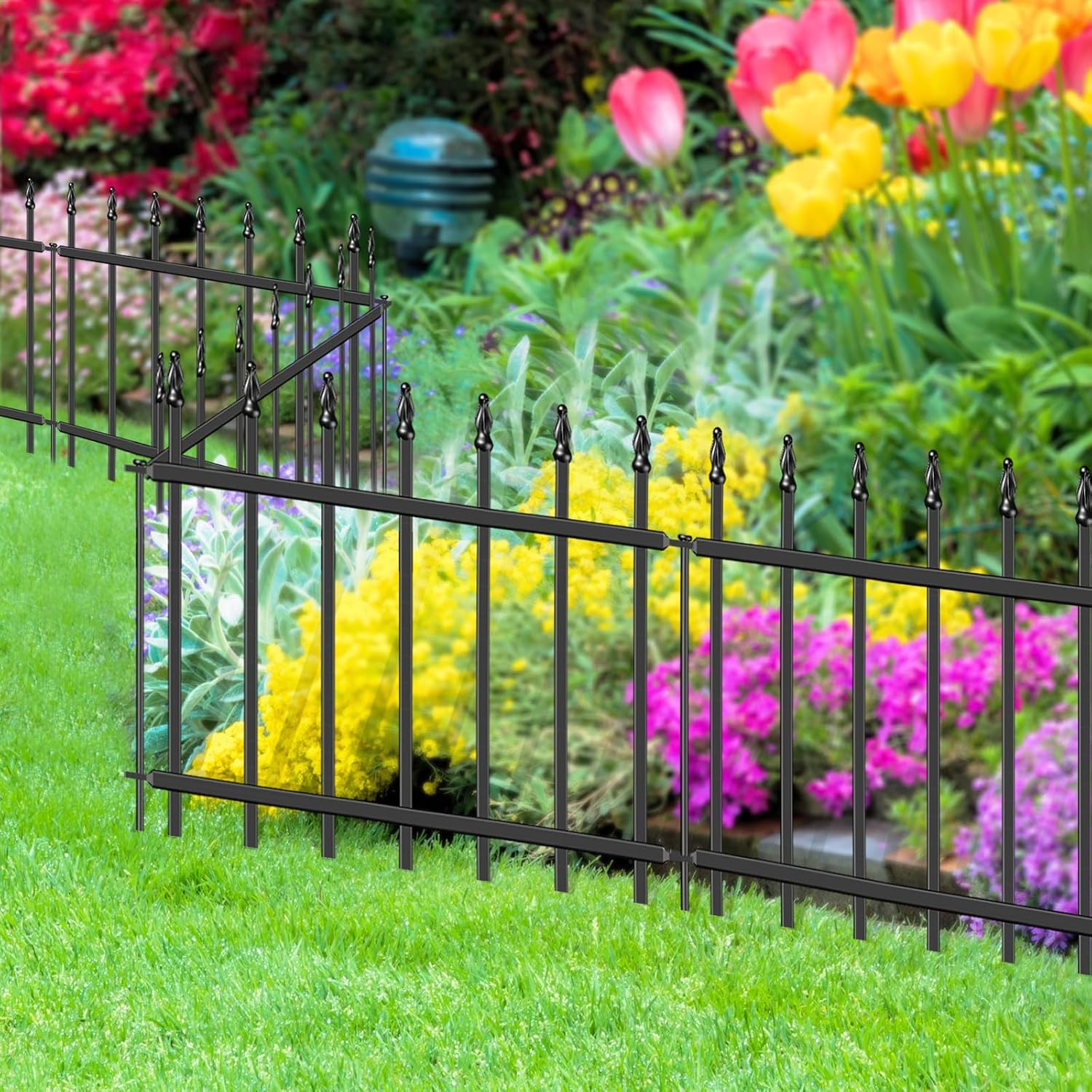 Decorative Metal Garden Fence 18 x 20'. Small Fence Border with Stakes | 10 Panels. Short Wrought Iron Fencing for Flower Bed Lawn & Landscape. Fence Edging with Roman Column Decor. Black