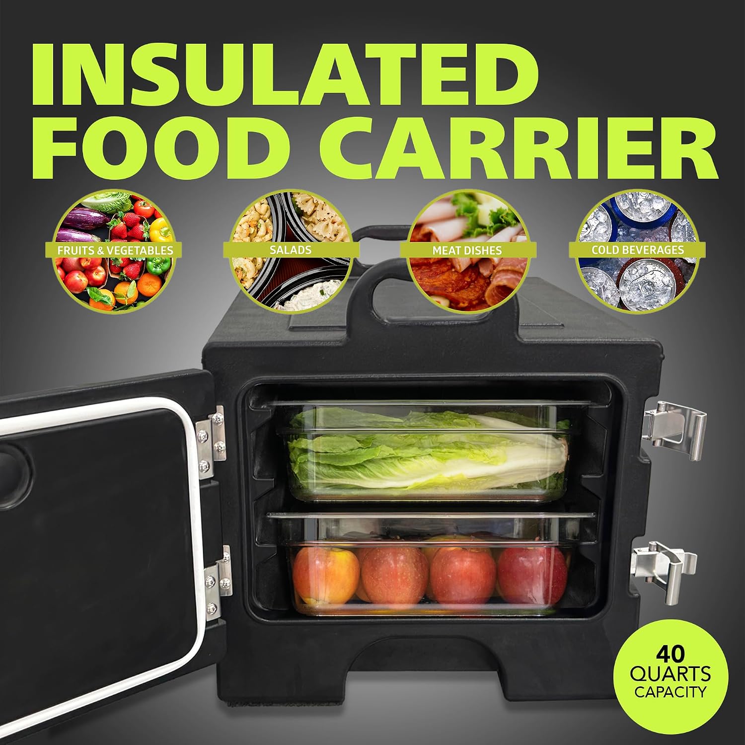 Pearington 40qt Food Carrier. 304 Stainless Steel Latch. Portable Food Warmer. Black