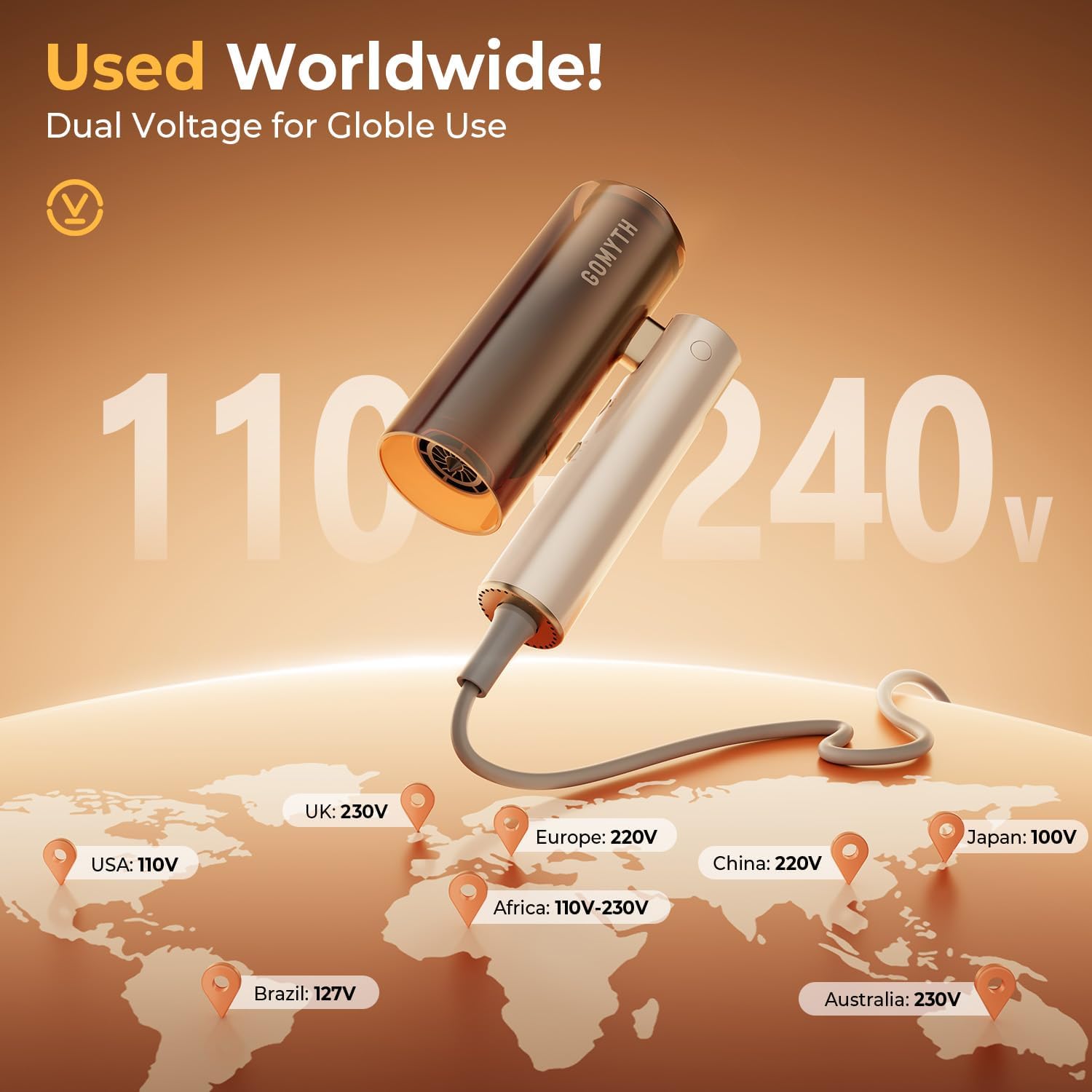 GOMYTH Travel Foldable 5-in-1 Plasma Hair Dryer & Styler | 100–240V Dual Voltage. Worldwide Use. Compact & Lightweight. Scalp Protection. Less Heat Damage. Includes Travel Bag
