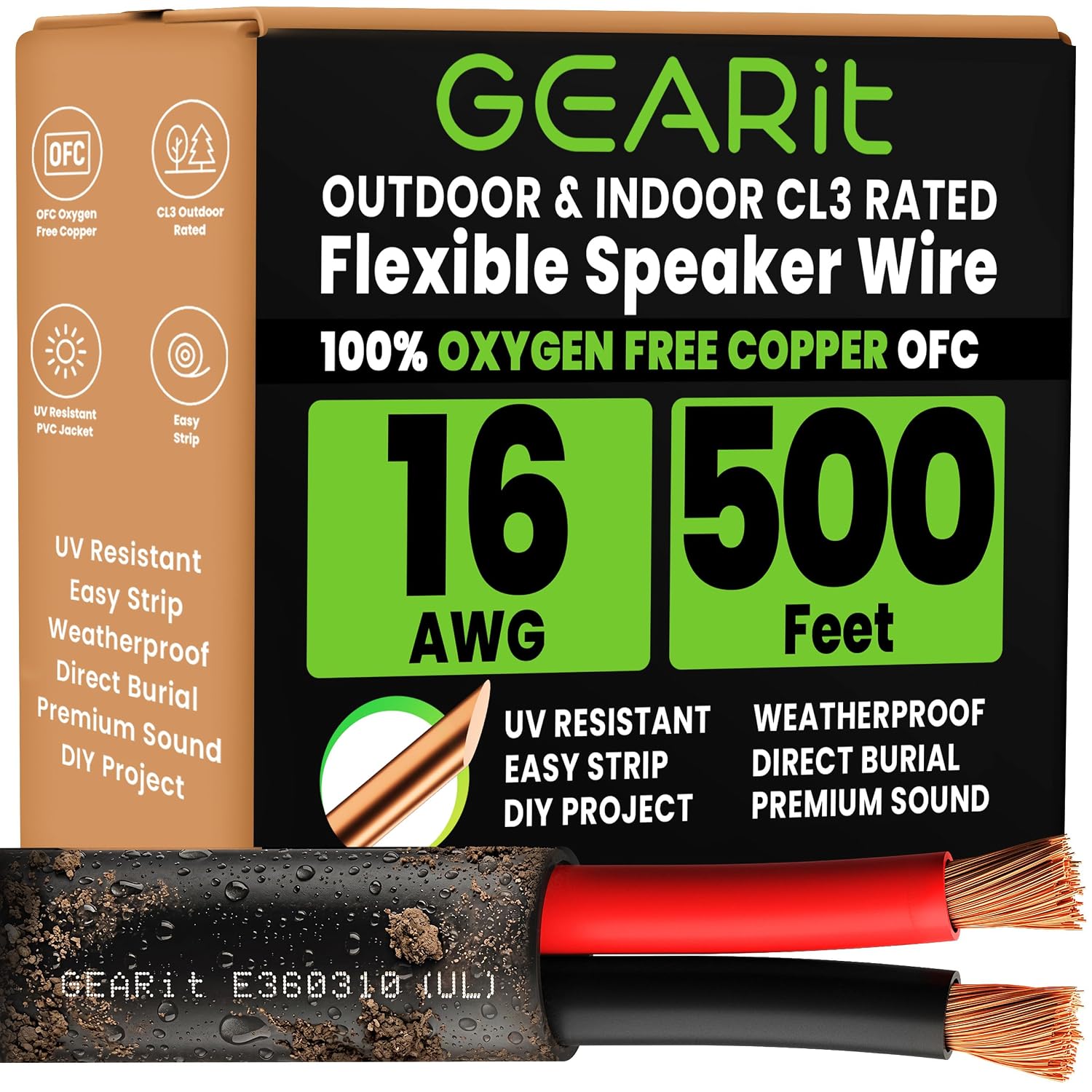 GEARit 16 AWG Outdoor Speaker Wire 500 FT.16/2 OFC Cable for Patio &Garden | UL CL3 Rated Speaker Cable for Direct Burial In-Wall Installation. Backyard Speakers. Outdoor Audio(Black.2-Conductors)